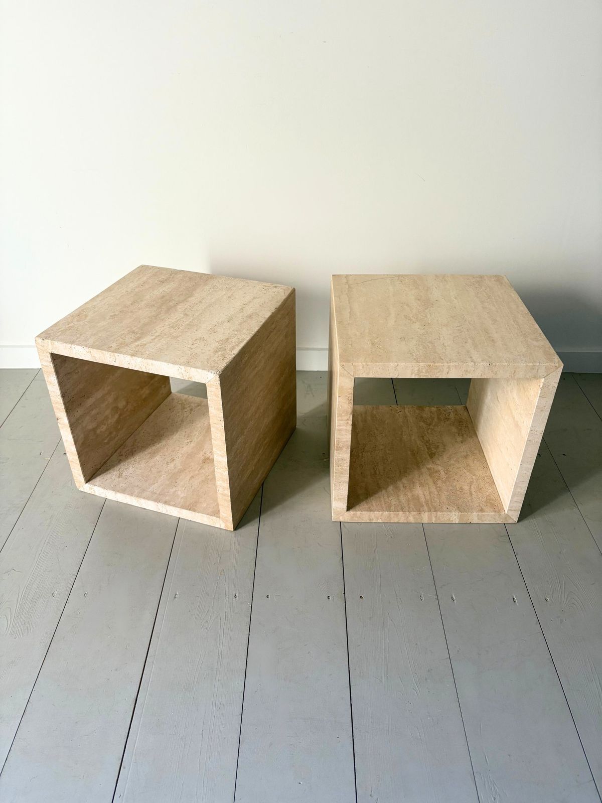 Travertine Marble Cube Tables Vintage 20th Century Italian Side Table Stools, Set Of Two photo 970.0