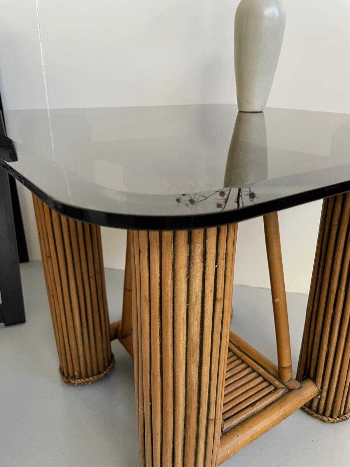 Bamboo Postmodern Column Side Table And Smoked Glass Top Pomo photo vinterior