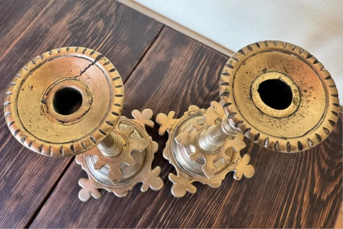 Rare Pair Of 16th Century Renaissancebronze Candlesticks From Bohemia photo for sale