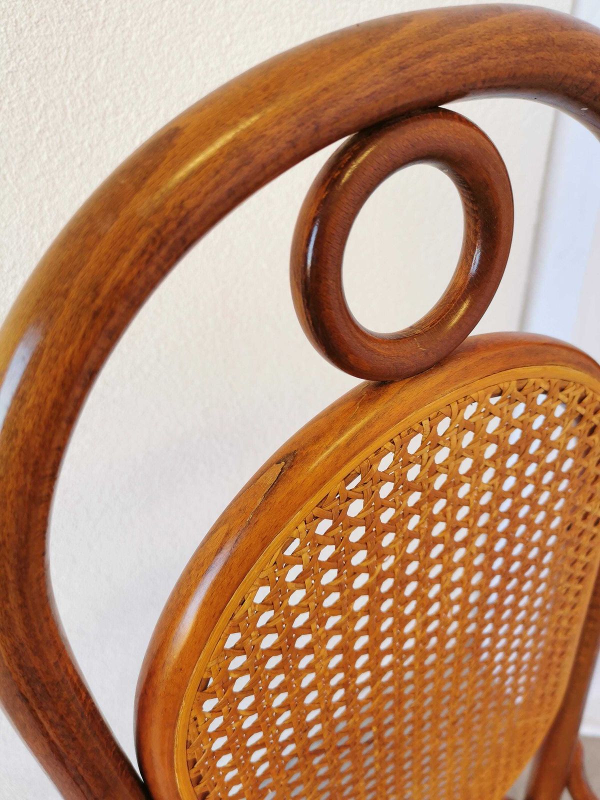photo for sale Set Of 4 Vintage Bentwood Dining Chairs: Cane Back, Leather Seat, Thonet Style