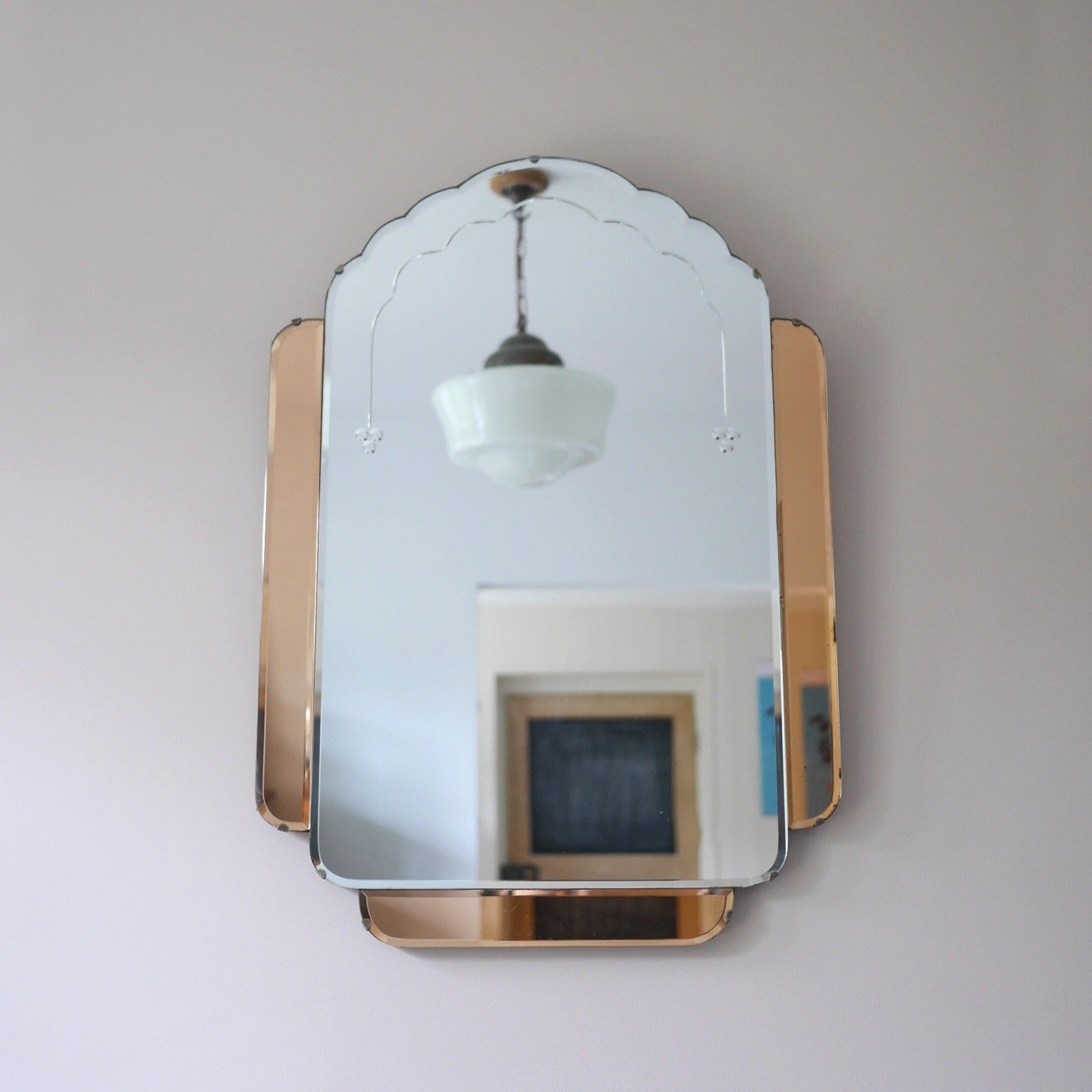 Large Art Deco Vintage Peach Skyscraper Mirror Original 1930s #102999