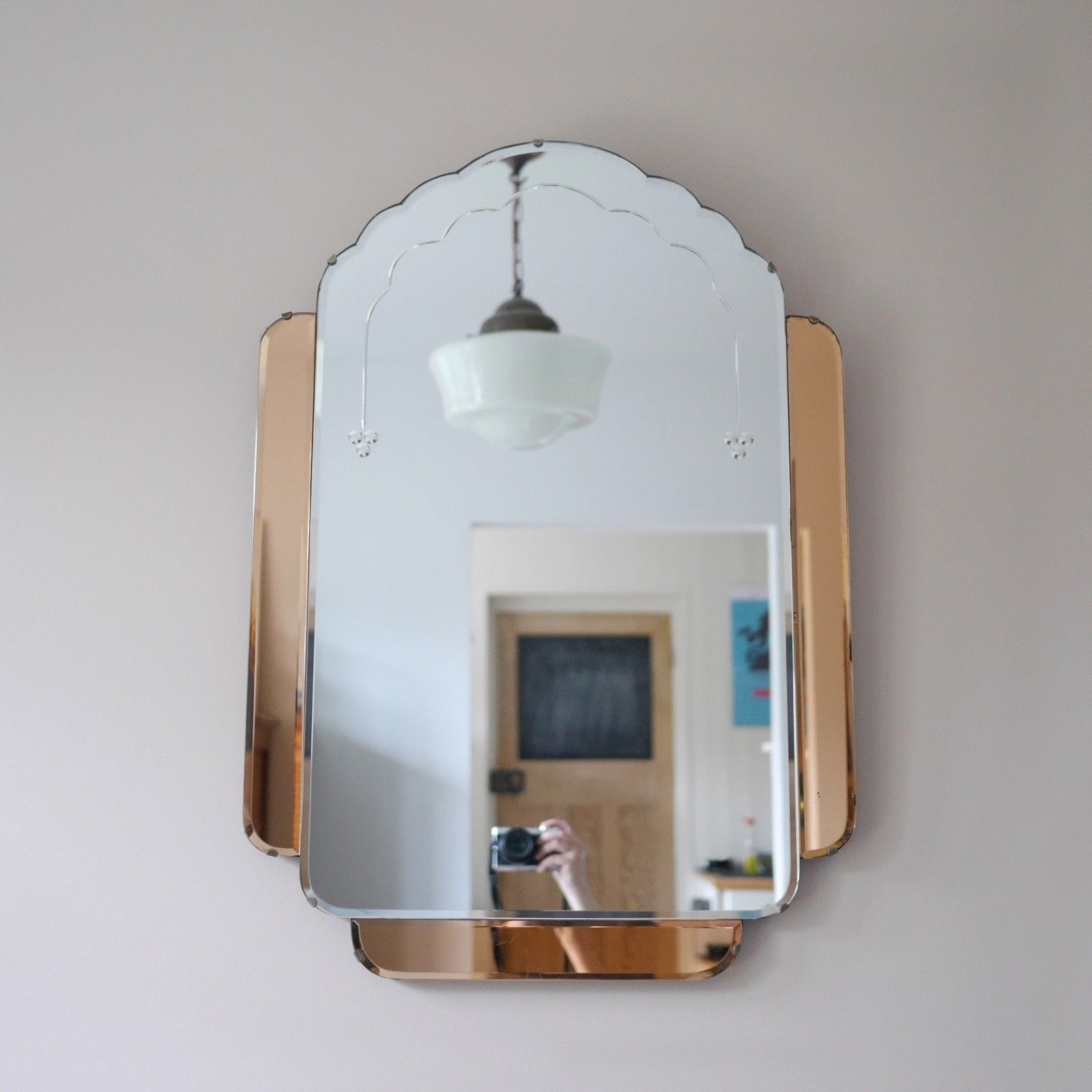 Large Art Deco Vintage Peach Skyscraper Mirror Original 1930s #102999 photo for sale