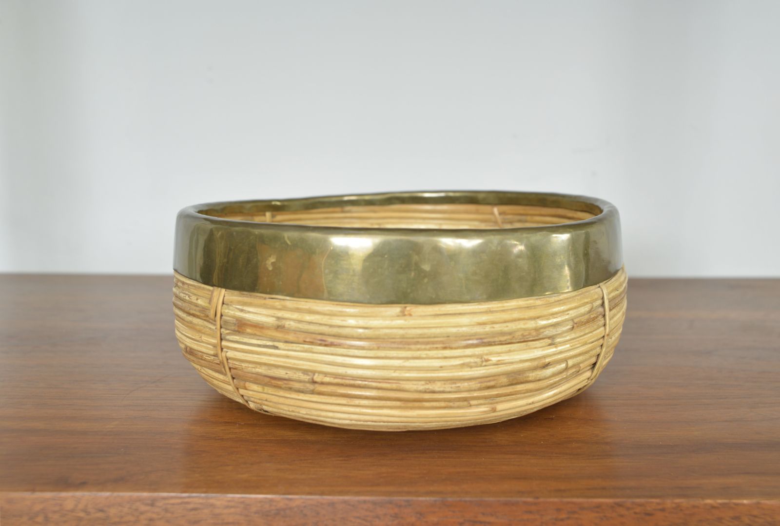 Rattan Cane Brass Bowl Centrepiece By Vivai Del Sud Gabriella Crespi Style Italy 1970s photo furniture