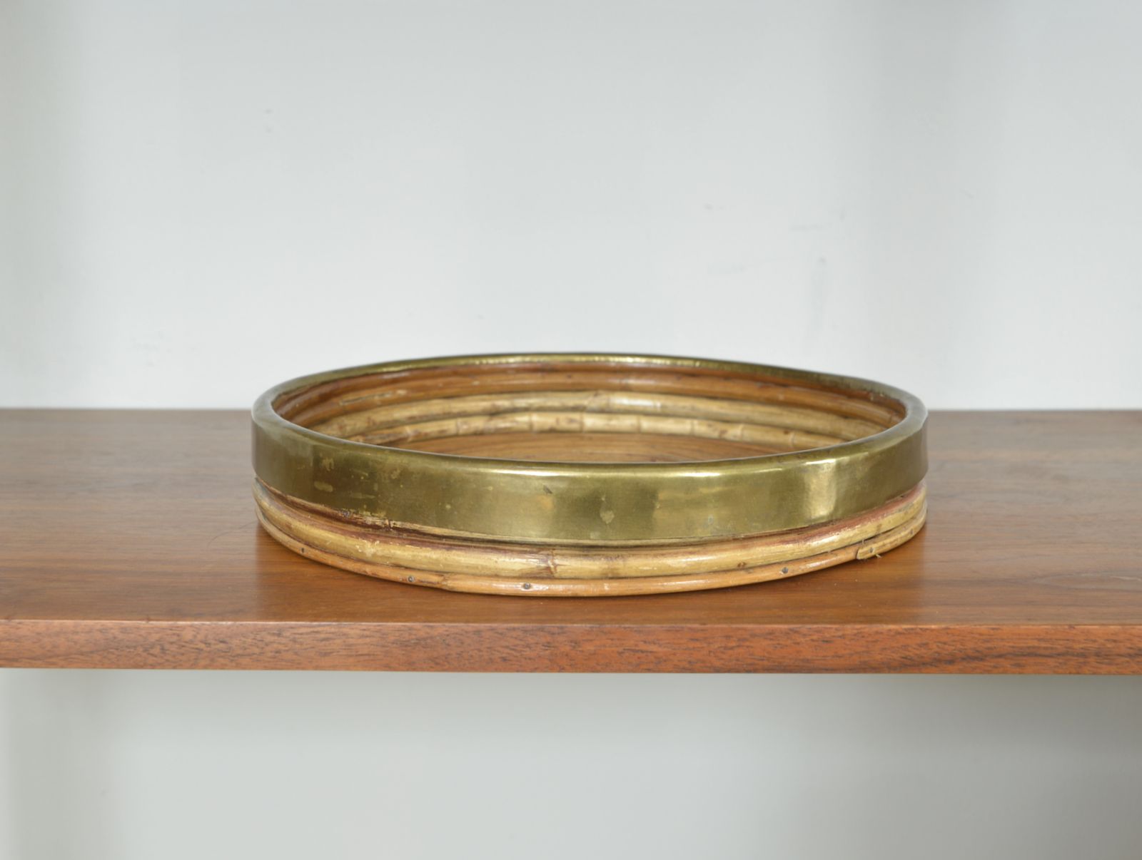 Rattan Cane Brass Basket Centrepiece By Vivai Del Sud Gabriella Crespi Style Italy 1970s photo for sale