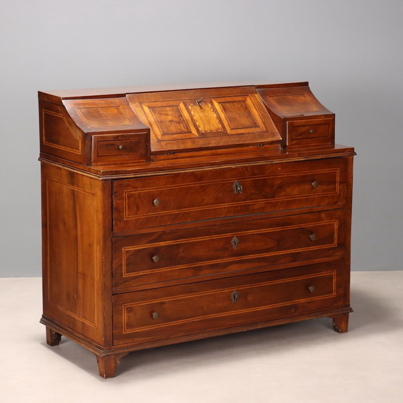 Antique Flap Cabinet Maple Bronze 5 Drawers Italy XIX Century