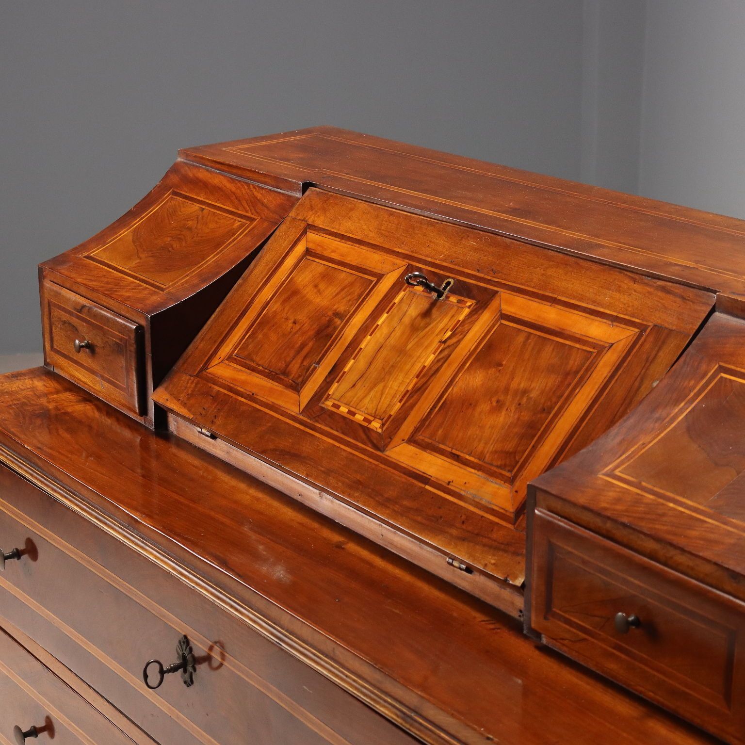 Antique Flap Cabinet Maple Bronze 5 Drawers Italy XIX Century photo for sale