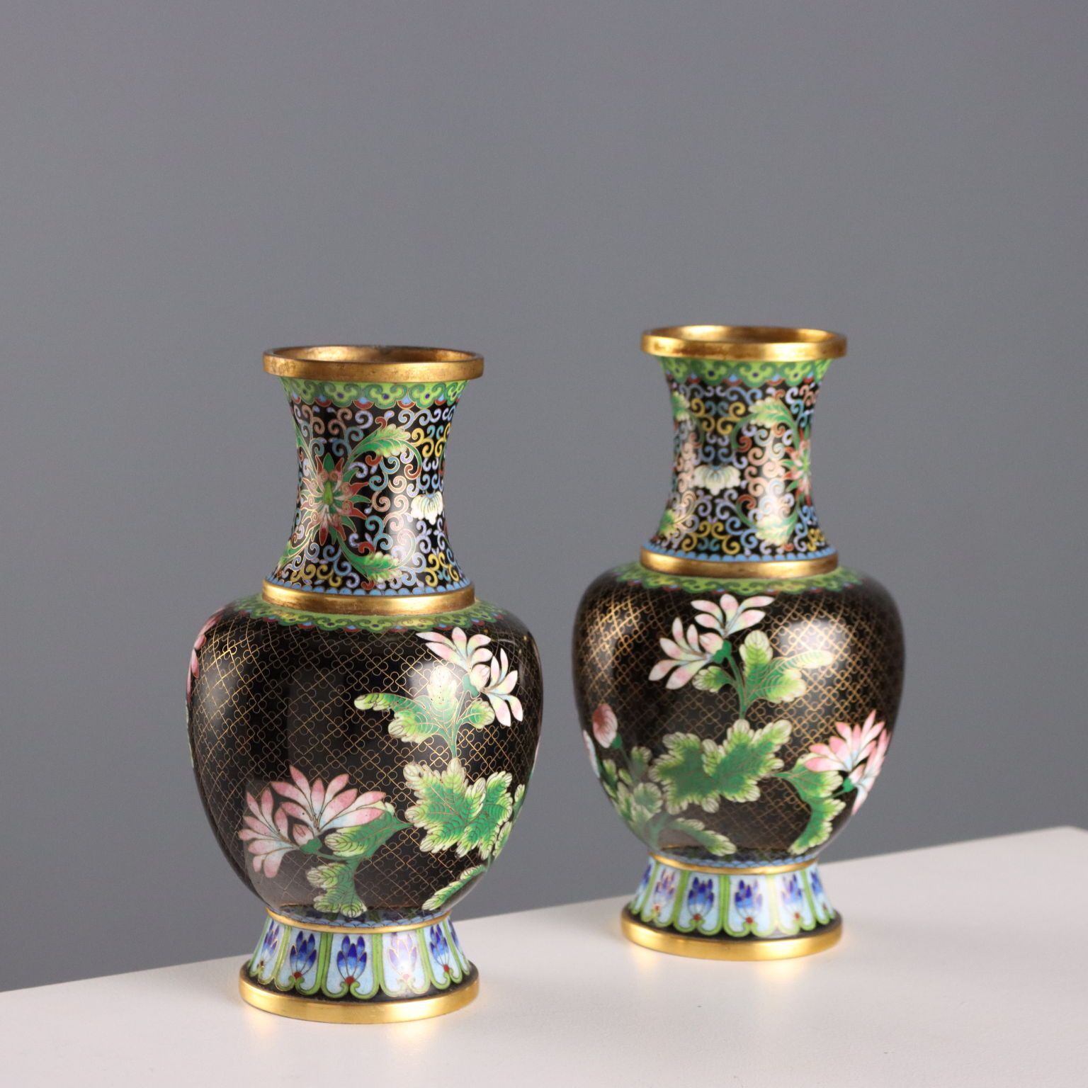 Antique Cloisonné Vases Leaves Decorations China XX Century photo vintage