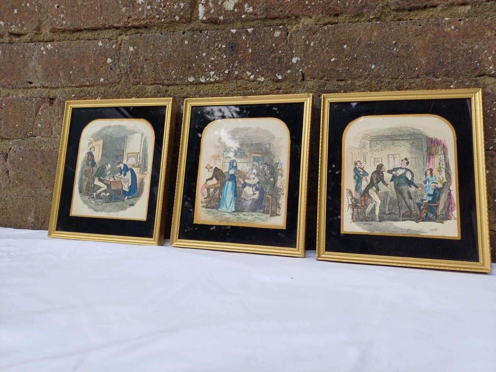 Mid Century Set Of 3 Vintage Humorous Prints – Quirky Hand Coloured Pictures In Gilt Frames, Victorian Style Wall Art photo vintage