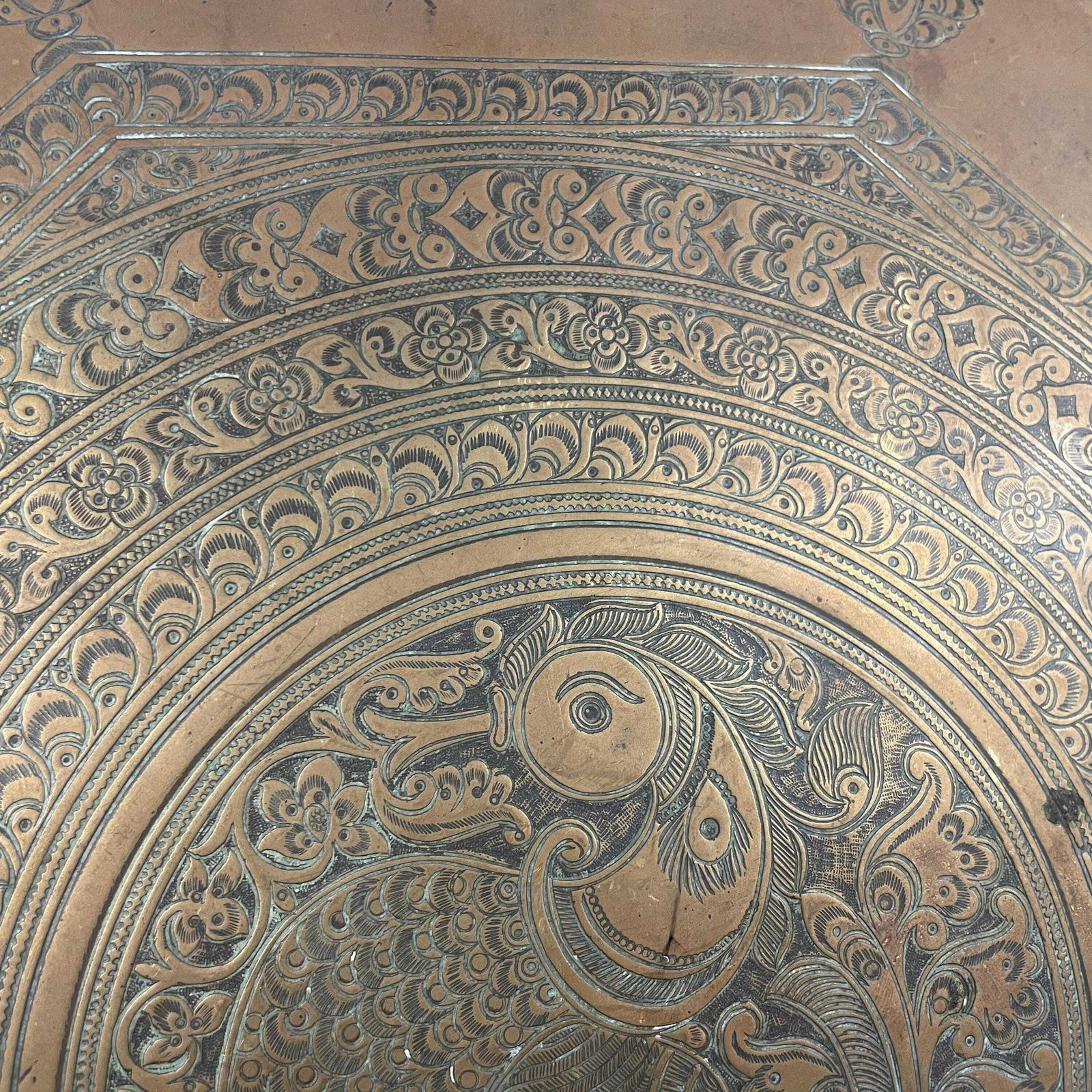 Antique Metal Gold Indian Patterned Brass Tray 60.5x60.5cm Plate Handmade Etched Intricate Decorative Pattern Wall Art Octagon Vintage India photo vinterior