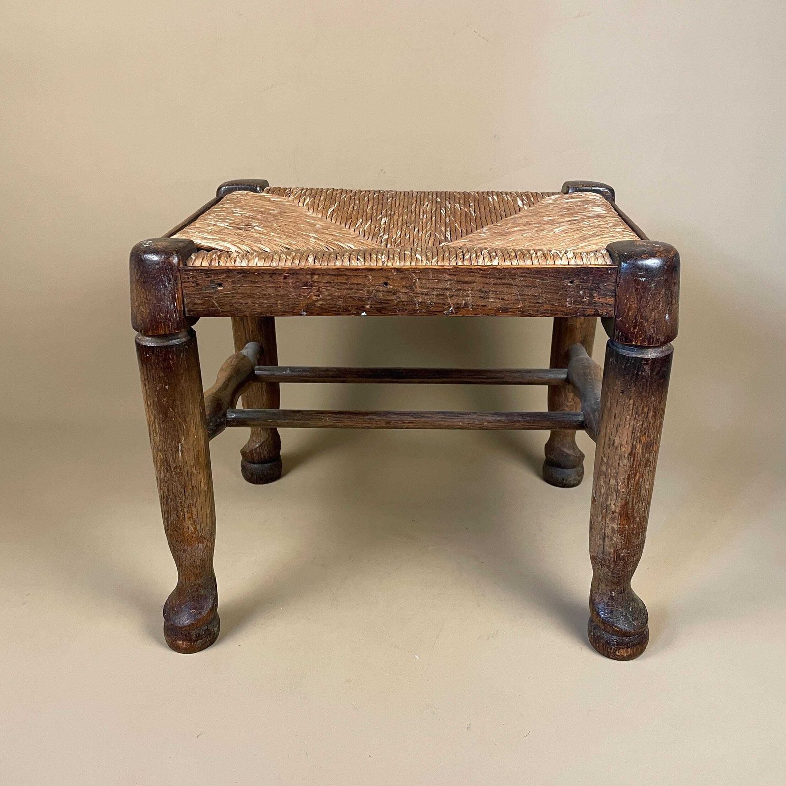 Wooden Foot Stool Woven Straw Wood Cottage Furniture Rectangle Brown Hallway Seat 31.8x36.5x29.5cm Footstool Bench Antique Seat Solid photo vinterior