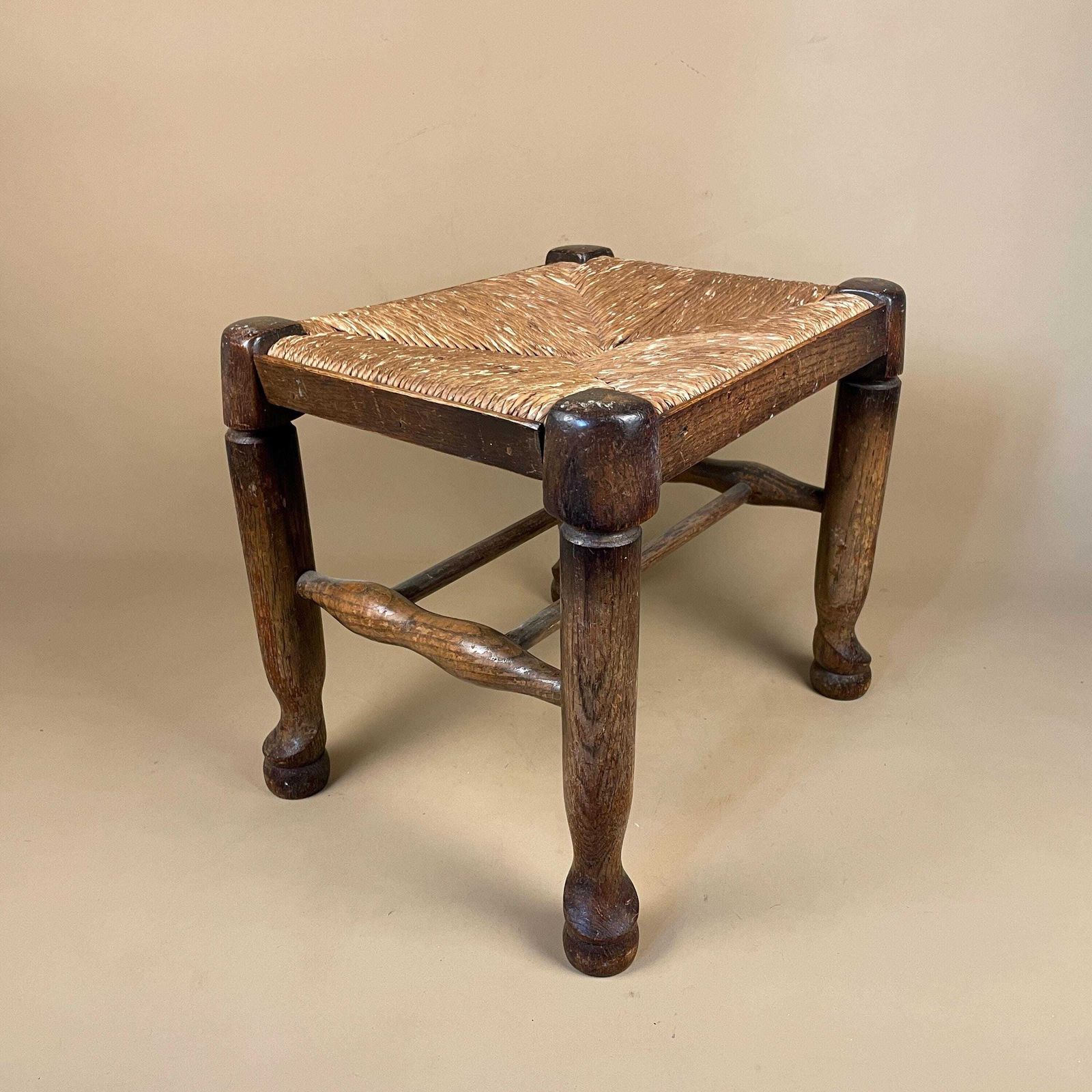 photo for sale Wooden Foot Stool Woven Straw Wood Cottage Furniture Rectangle Brown Hallway Seat 31.8x36.5x29.5cm Footstool Bench Antique Seat Solid
