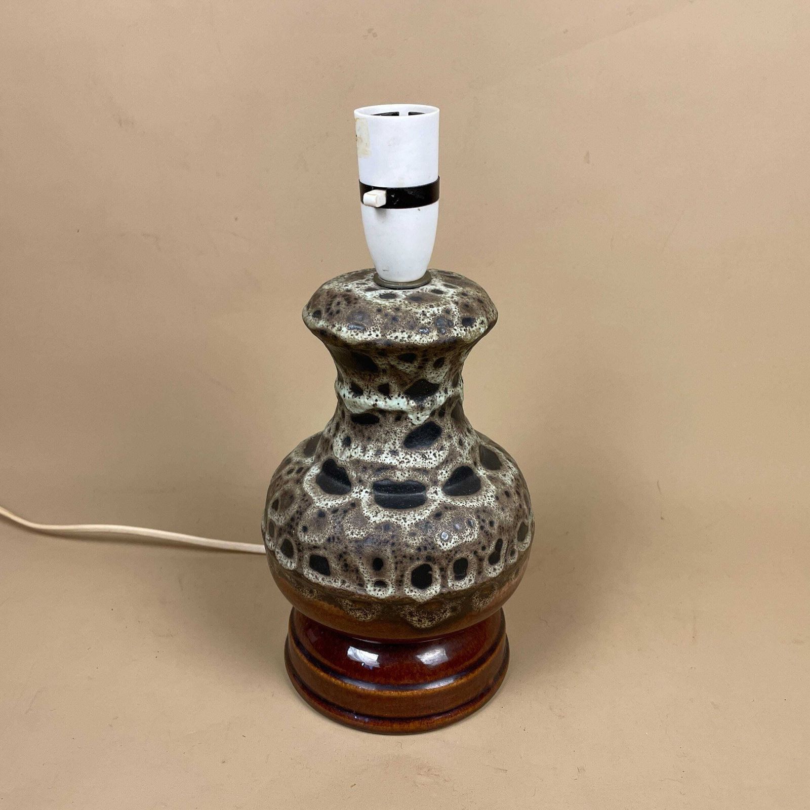 Ceramic Table Lamp Light Brown Mottled Speckled Round Retro Glaze Finish C.1970's Porcelain Bedside Abstract Antique Vintage Marbled