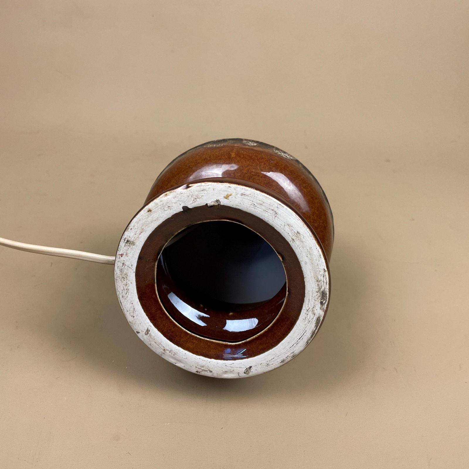 Ceramic Table Lamp Light Brown Mottled Speckled Round Retro Glaze Finish C.1970's Porcelain Bedside Abstract Antique Vintage Marbled photo vintage