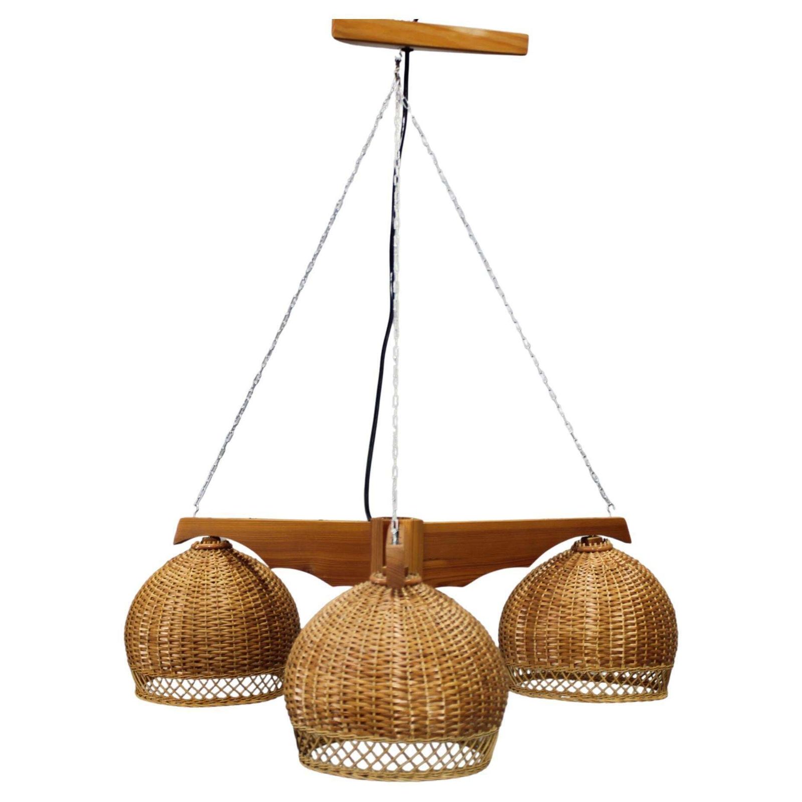 1970s Czechoslovakian Rattan & Pine Pendant Light, Three Shade Chandelier