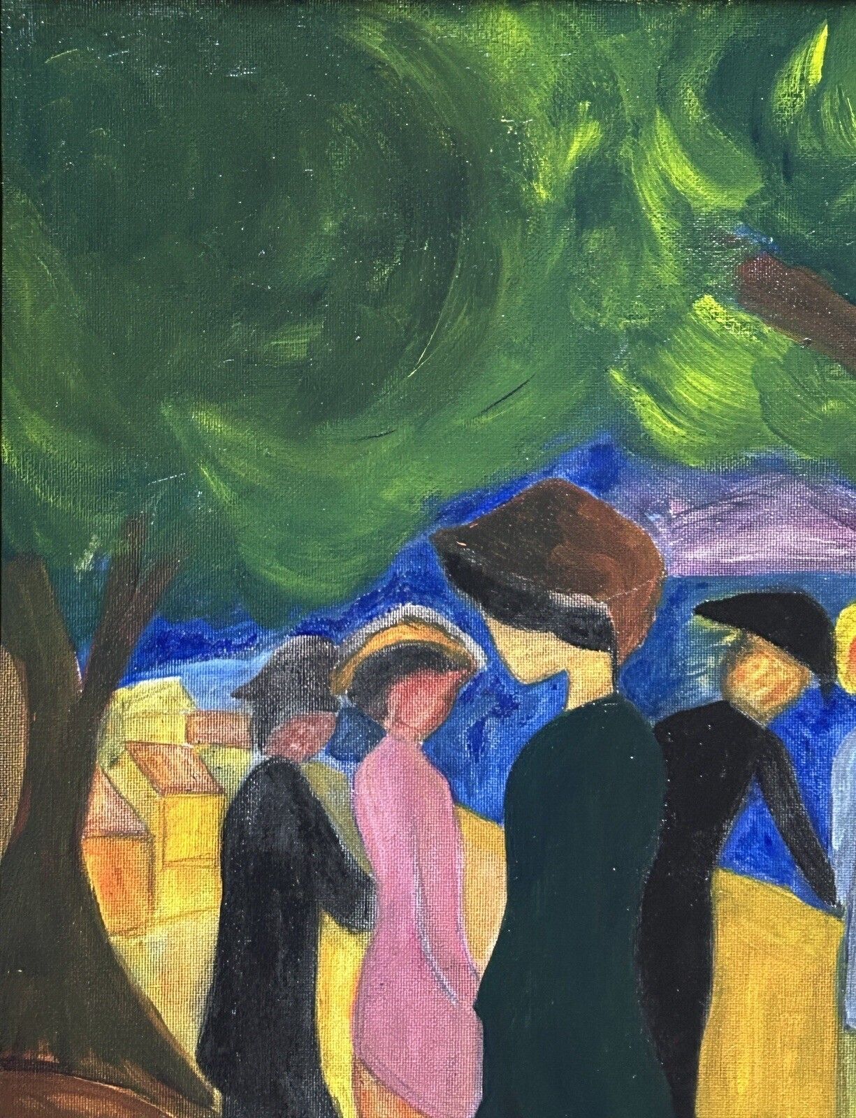 Expressionist Oil On Cardboard – Landscape With Figures, Framed photo furniture