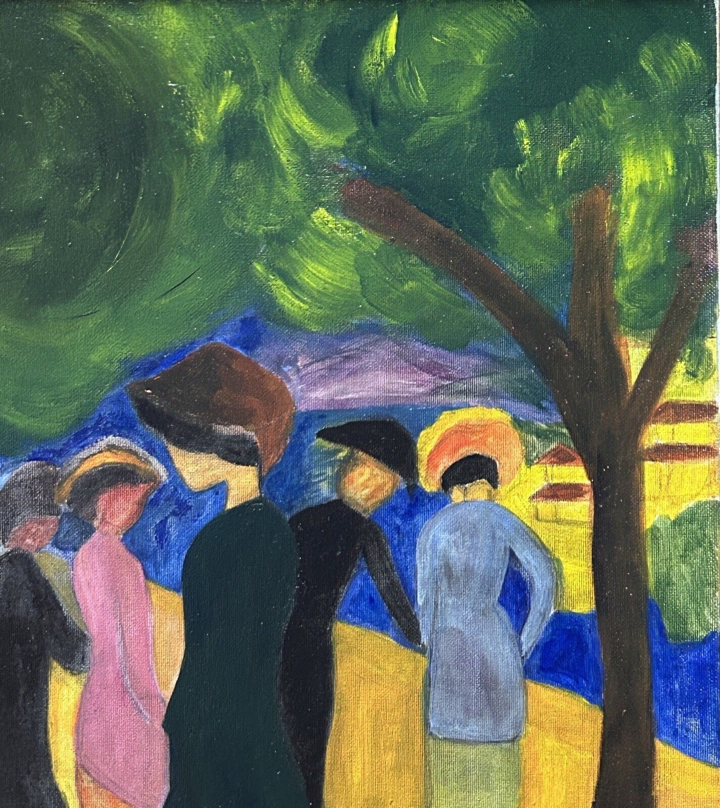 Expressionist Oil On Cardboard – Landscape With Figures, Framed photo for sale