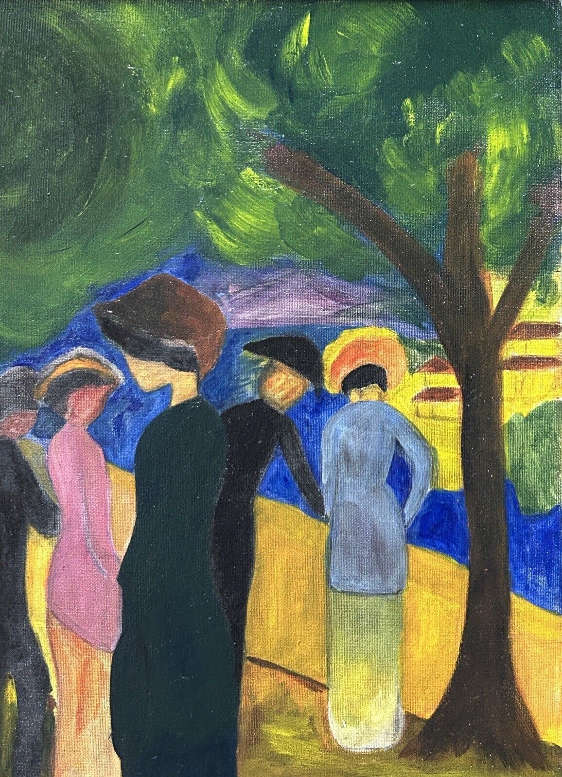 Expressionist Oil On Cardboard – Landscape With Figures, Framed photo 2000.0