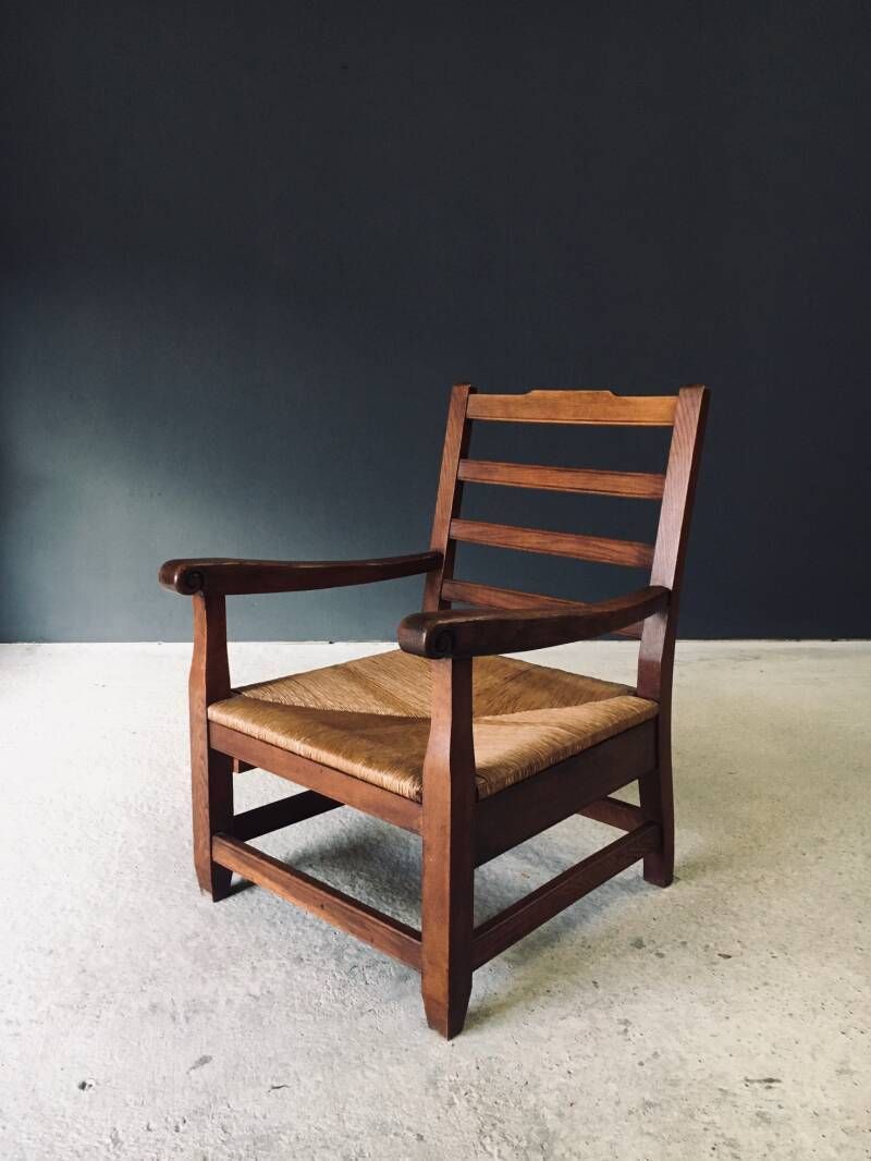 Rustic Solid Design Xl Oak & Rush Arm Lounge Chair, France 1930's