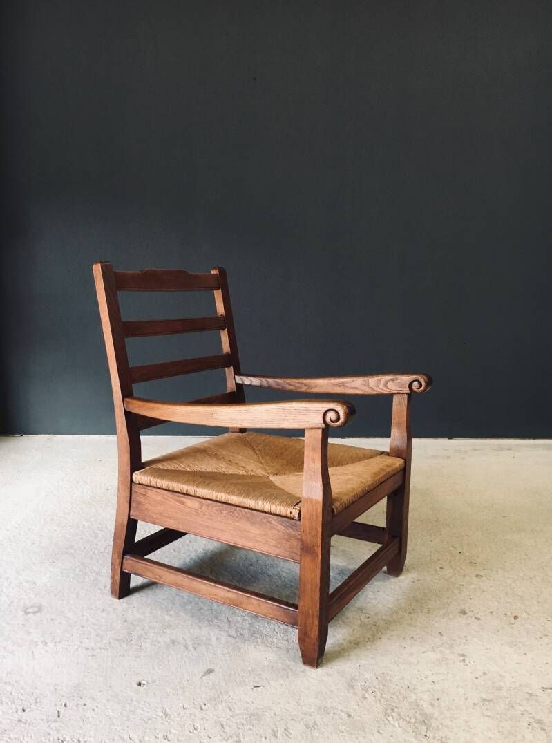 Rustic Solid Design Xl Oak & Rush Arm Lounge Chair, France 1930's photo furniture