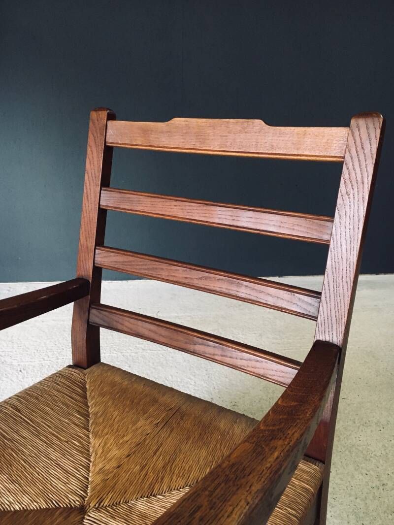Furniture Rustic Solid Design Xl Oak & Rush Arm Lounge Chair, France 1930's photo