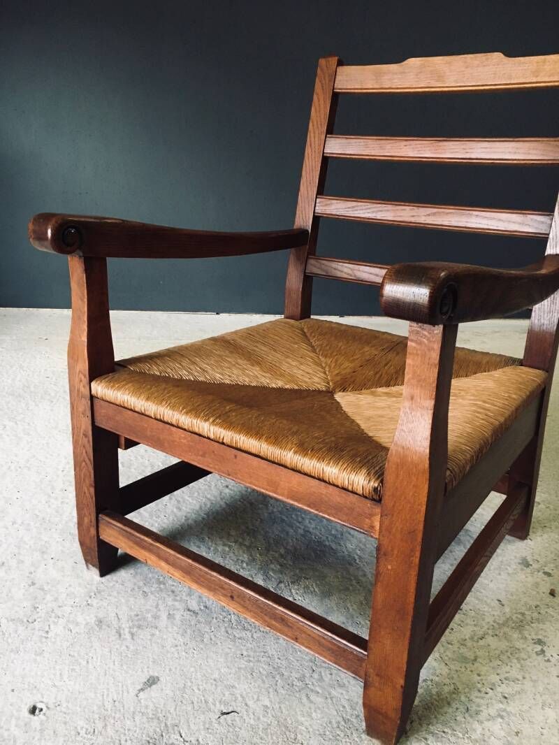 2800.0 Rustieke Xl Fauteuil Van Massief Eiken En Riet, Frankrijk, Ca. Jaren 1930 photo