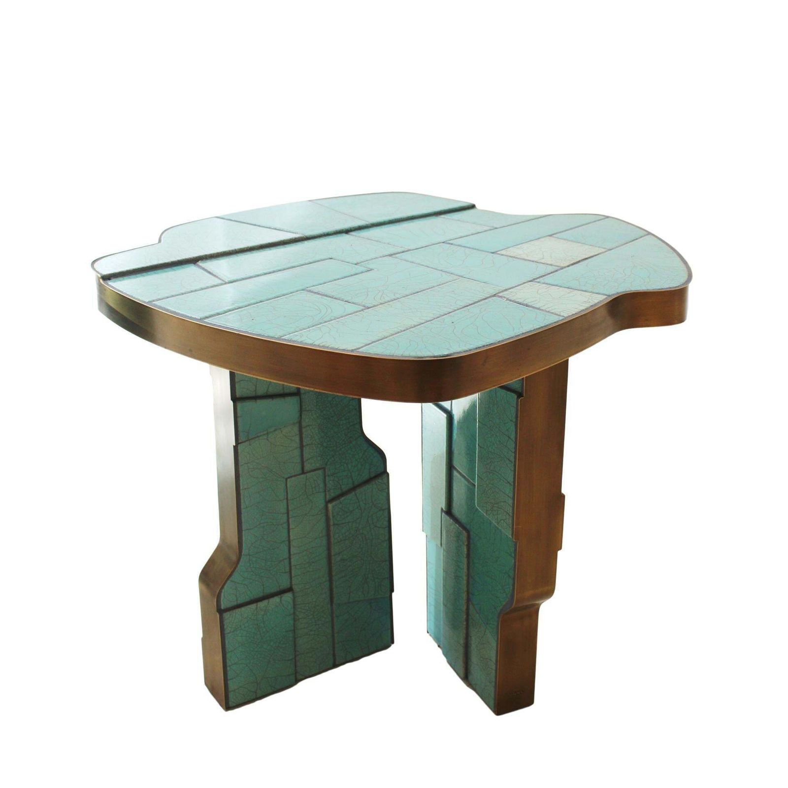 Pair Of Contemporary Italian Blue Turquois Side Tables Made Of Ceramic And Brass photo Furniture