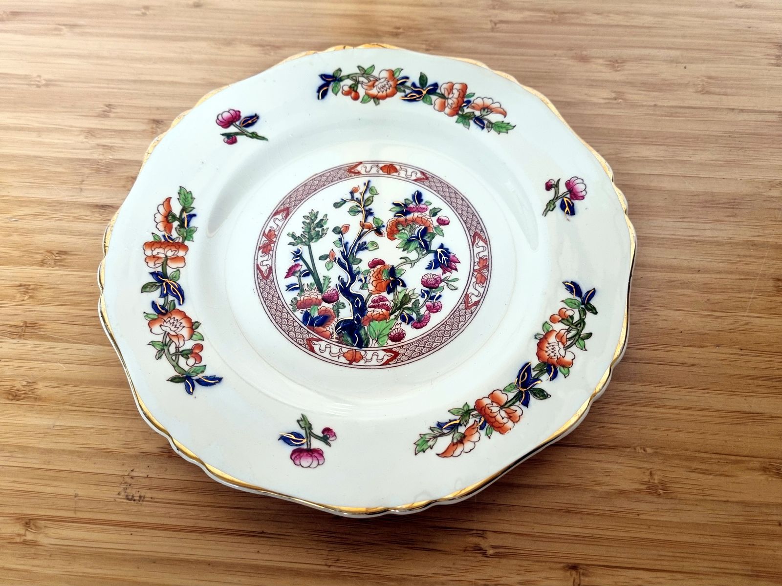 Home Decor Rare Indian Tree Plate, Hancock & Sons England, Victorian 1800s, Opaque China, Scalloped Edge, Gilt Trim photo