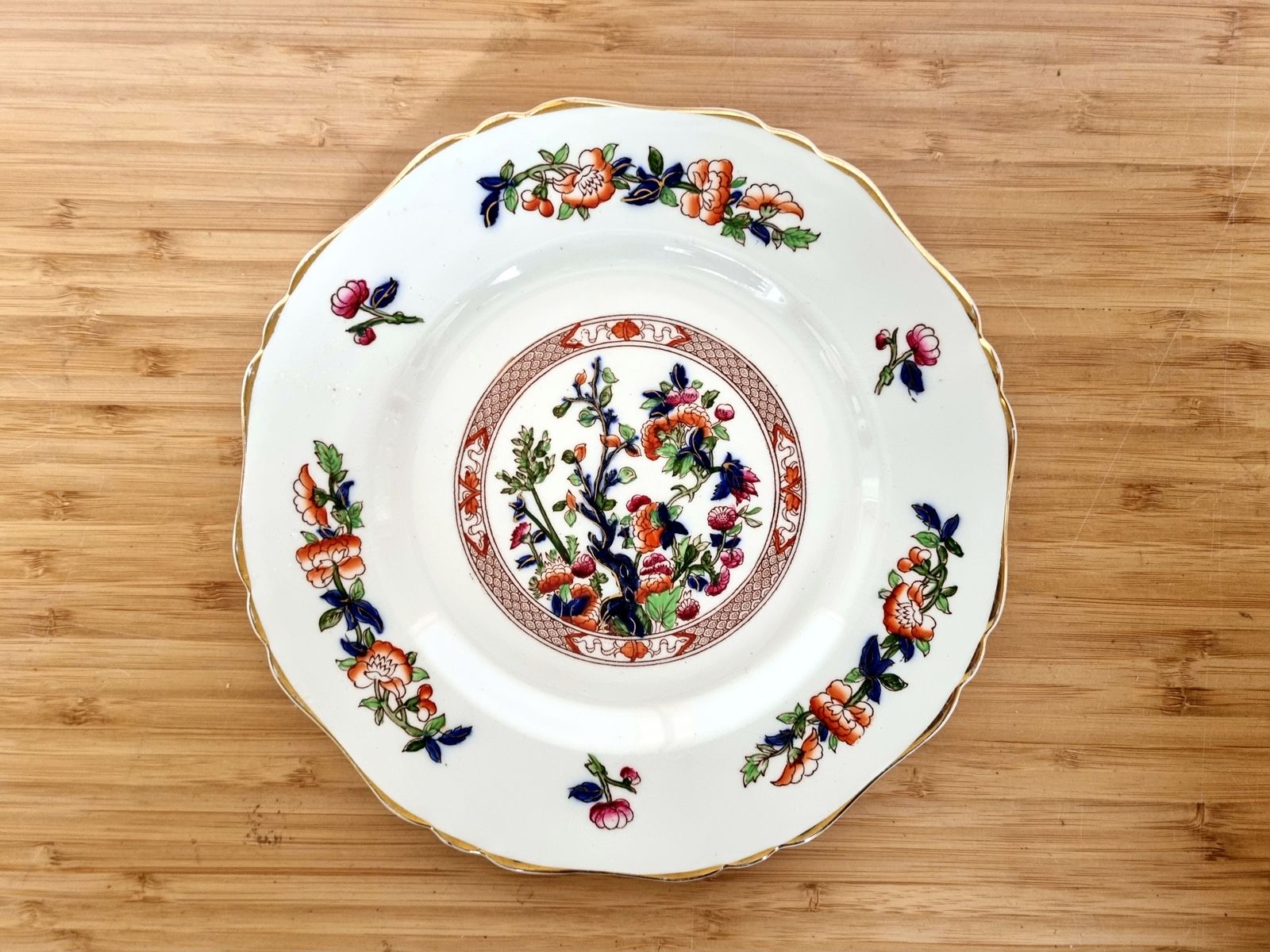photo vinterior Rare Indian Tree Plate, Hancock & Sons England, Victorian 1800s, Opaque China, Scalloped Edge, Gilt Trim