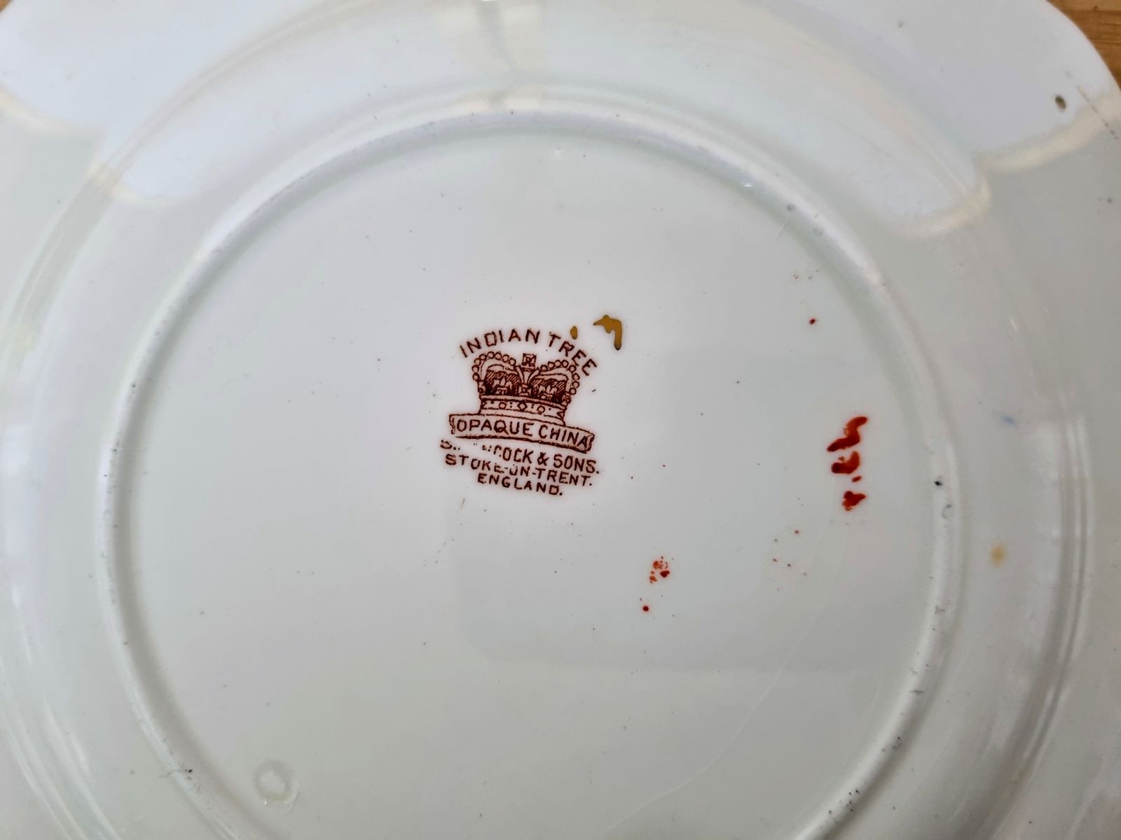 photo buy Rare Indian Tree Plate, Hancock & Sons England, Victorian 1800s, Opaque China, Scalloped Edge, Gilt Trim
