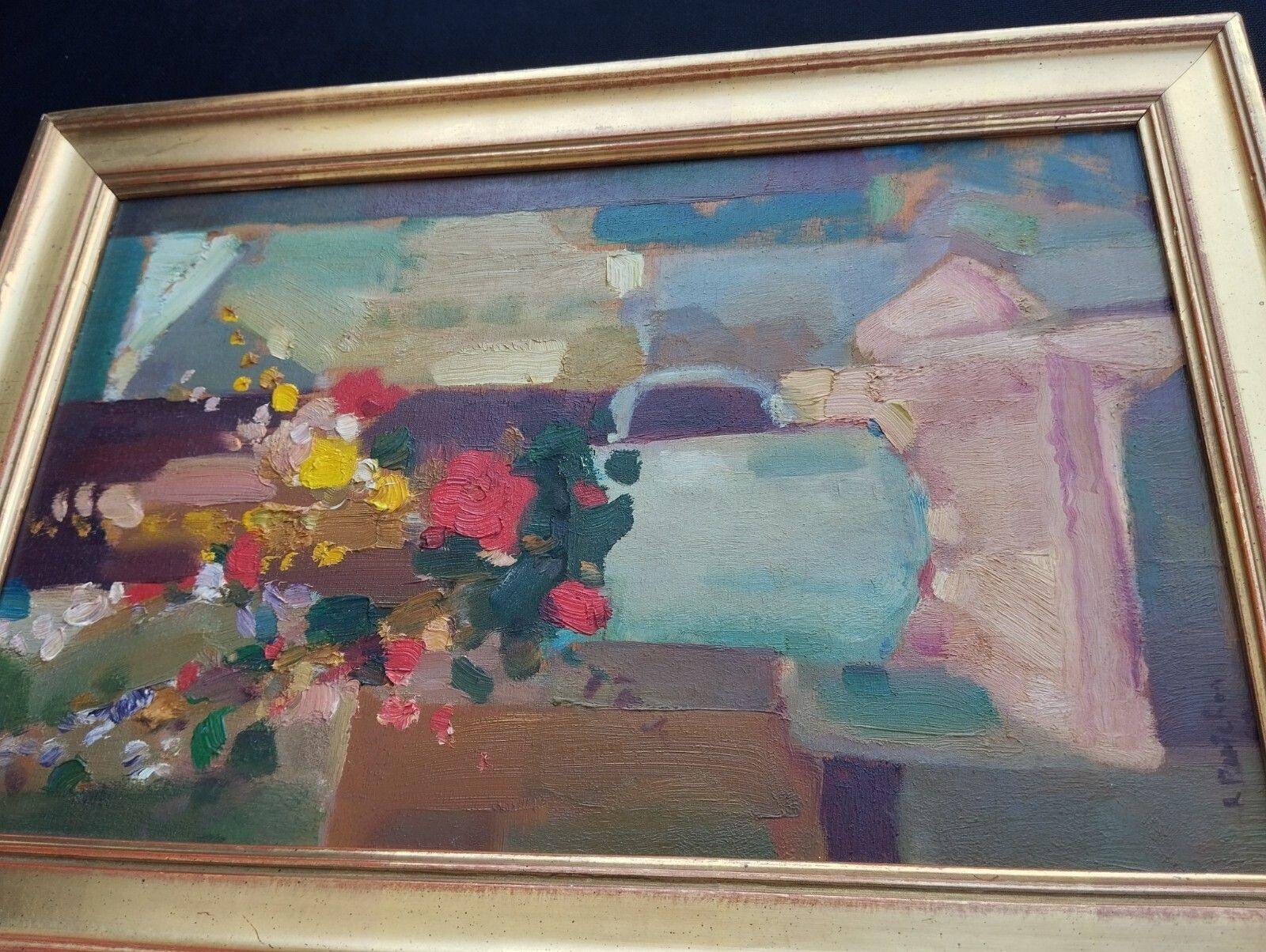 Fine Cubist Oil On Panel – Signed Floral Artwork photo vintage