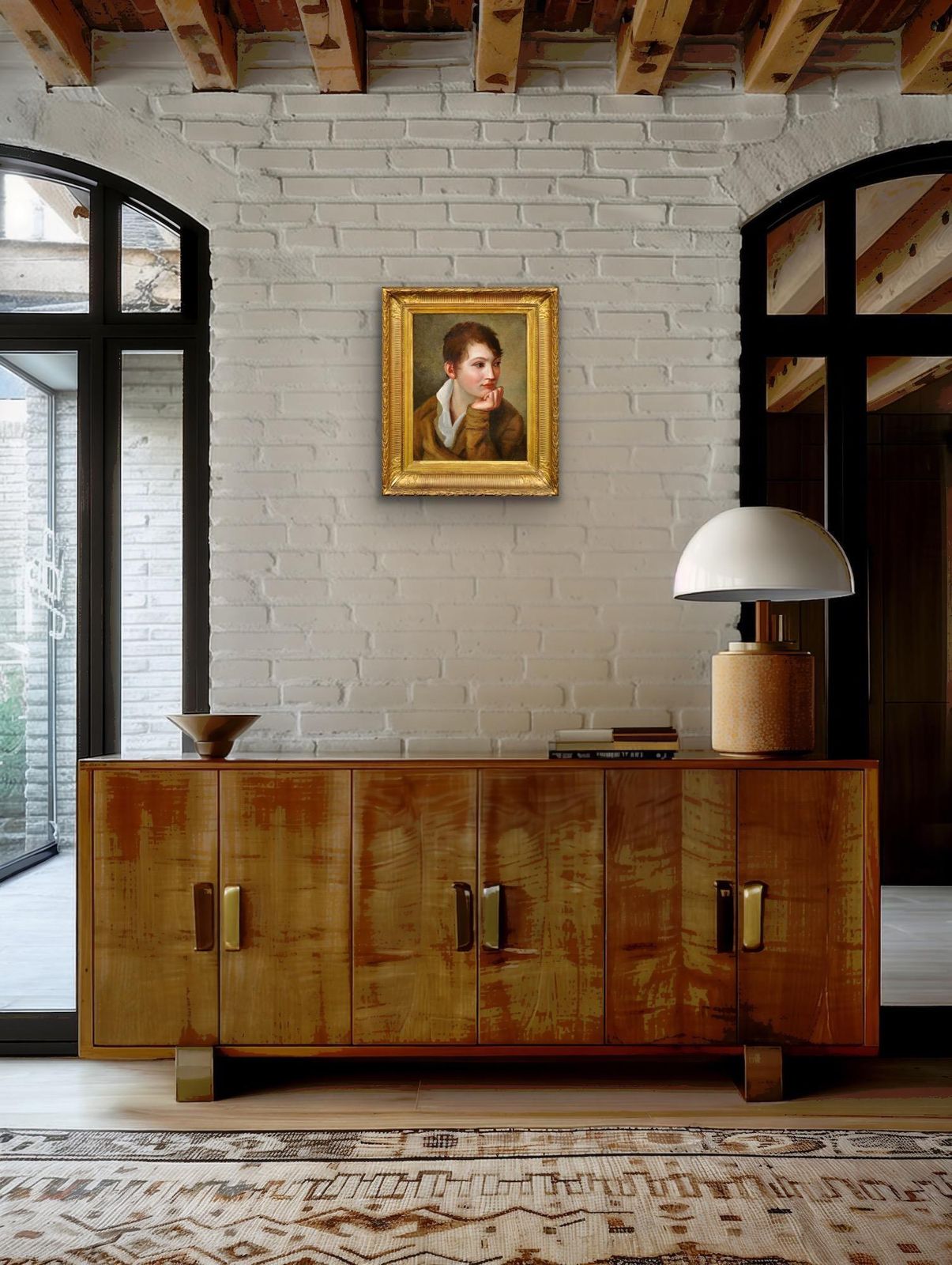 photo furniture Late 18th Or Early 19th Century Portrait Of La Gamine With Androgynous Charm. Oil On Canvas. Framed.