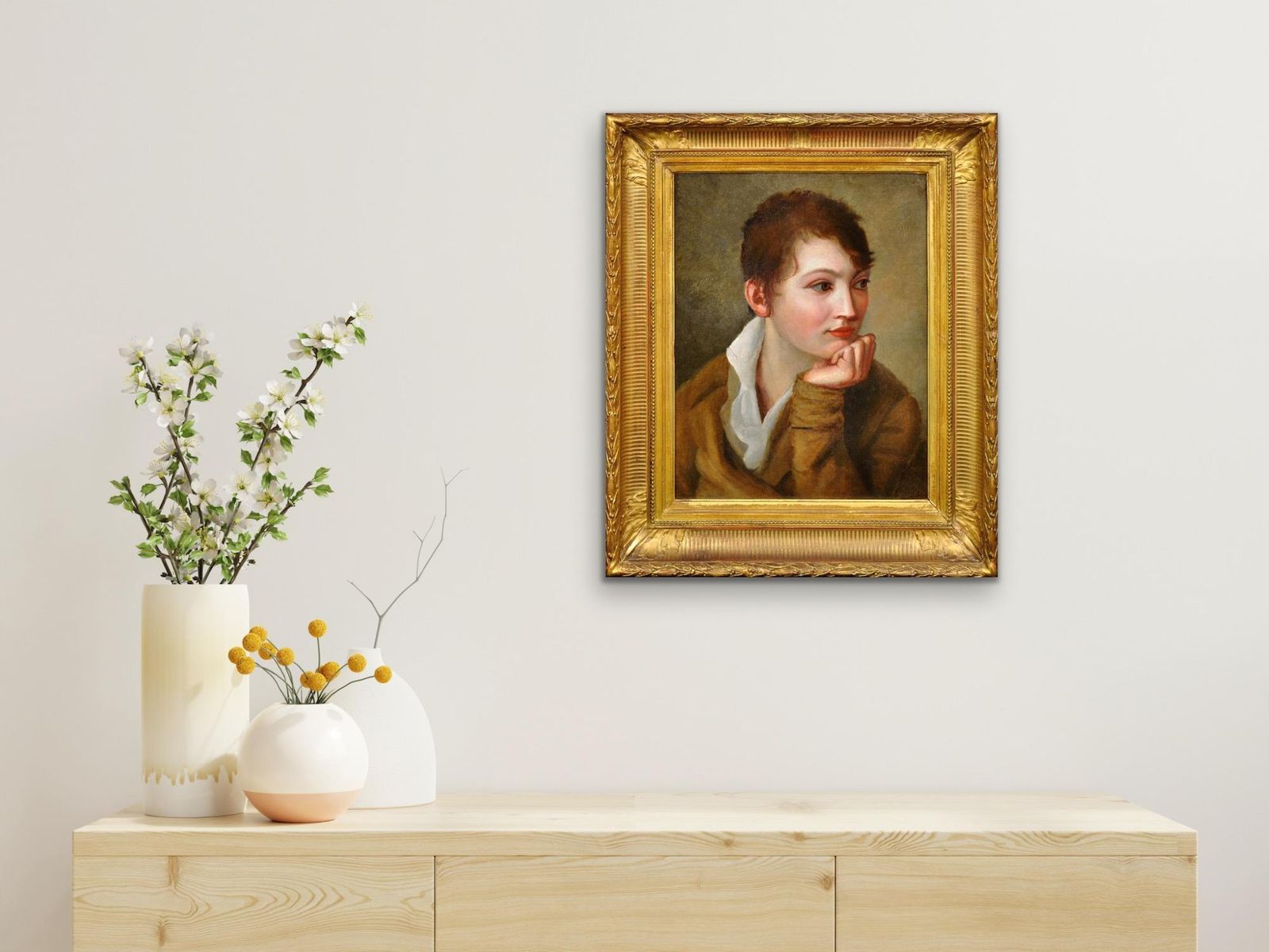 photo vinterior Late 18th Or Early 19th Century Portrait Of La Gamine With Androgynous Charm. Oil On Canvas. Framed.
