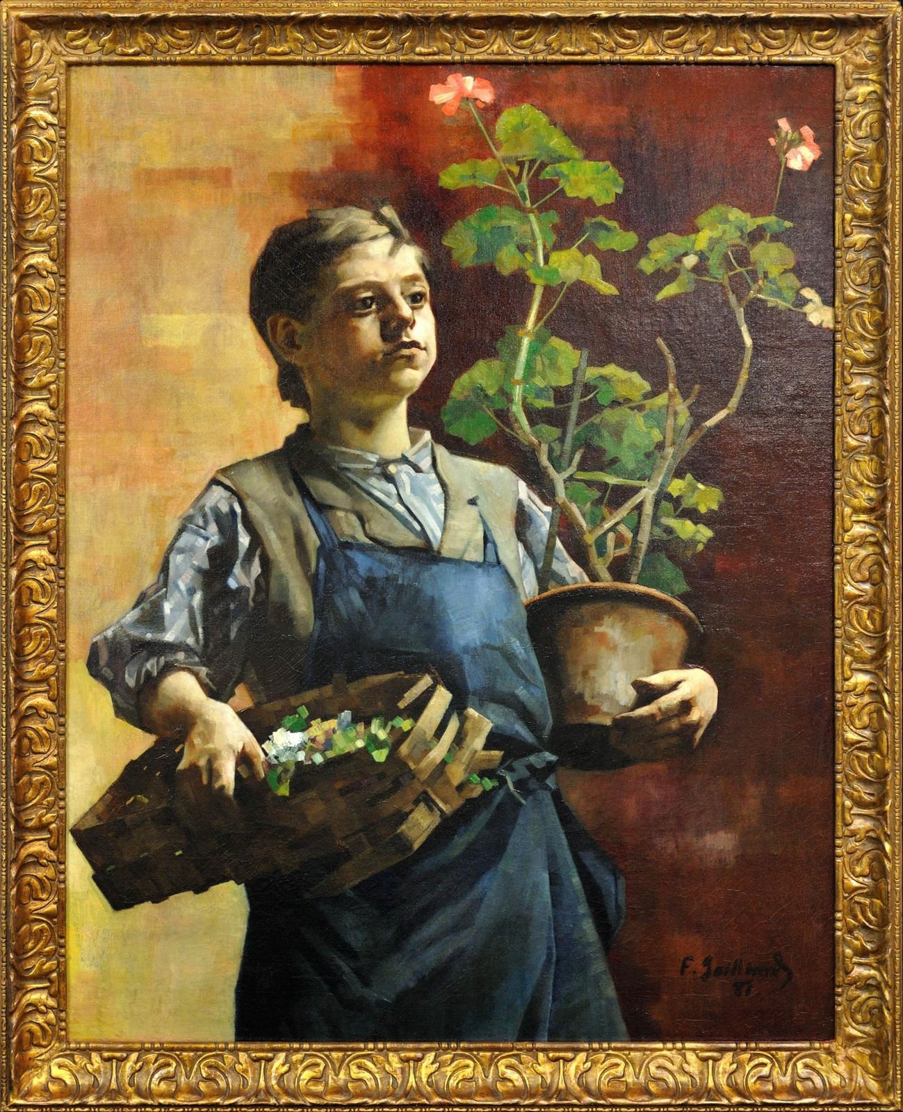 François Gailliard 1861 To 1932. Le Petit Jardinier. A Belgian Master Of Light And Form. Framed 1887 Luminist Oil Painting.
