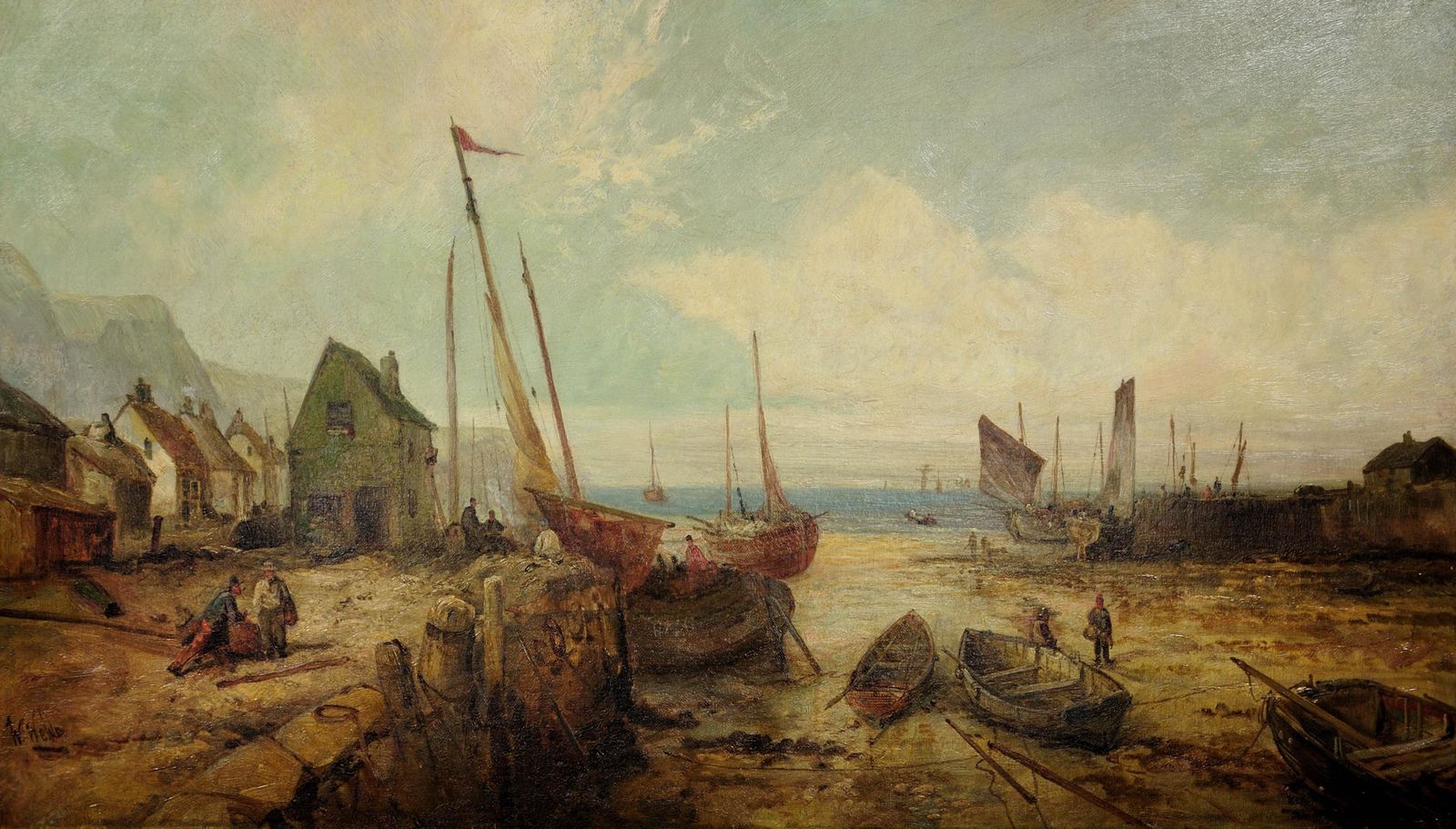 William Edward Webb  1862 To 1903. English. Peel Harbour, Isle Of Man. 1890s Framed Victorian Manx Seascape & Landscape Oil Painting. photo furniture