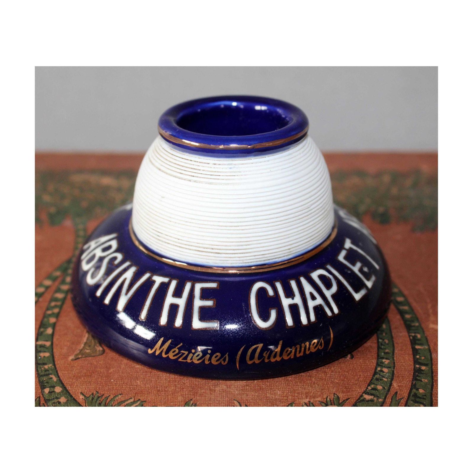 Vintage Ribbed Porcelaine French Pyrogene, Match Striker, Match Holder, Collector Advertising, Blue And White, Gold Rims, Absinthe Chaplet