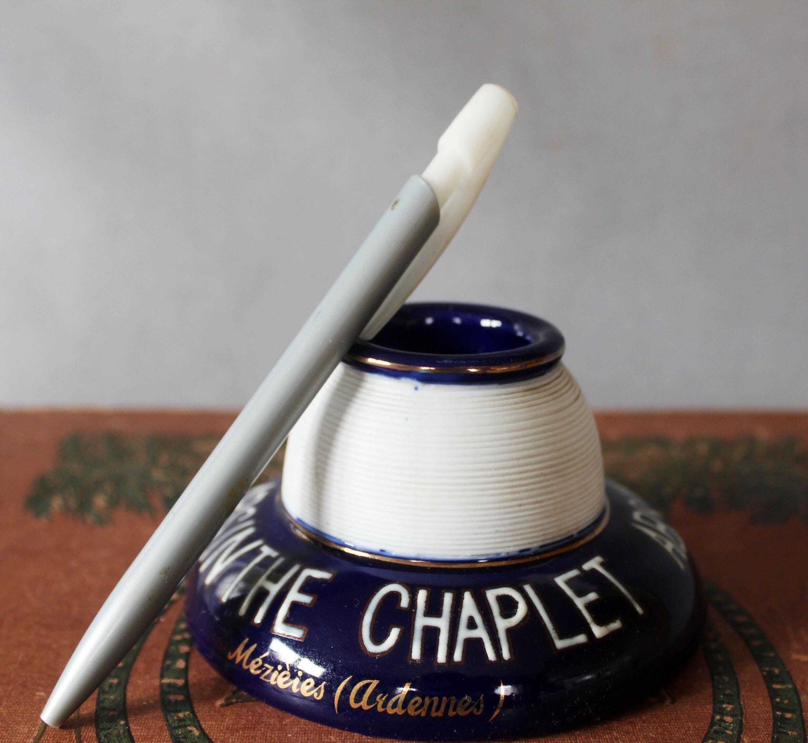 photo for sale Vintage Ribbed Porcelaine French Pyrogene, Match Striker, Match Holder, Collector Advertising, Blue And White, Gold Rims, Absinthe Chaplet