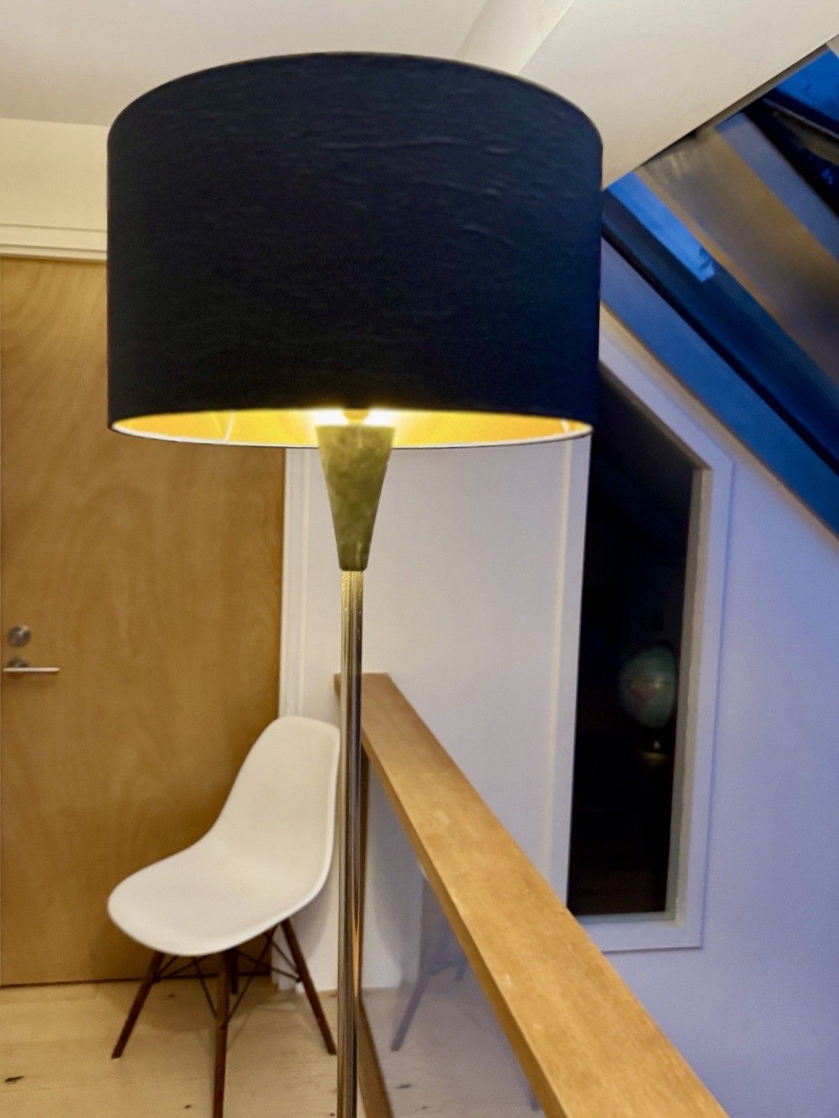 Very Tall 1950s Brass & Ebonised Wood Tripod Floor Lamp With Shade Vgc photo for sale