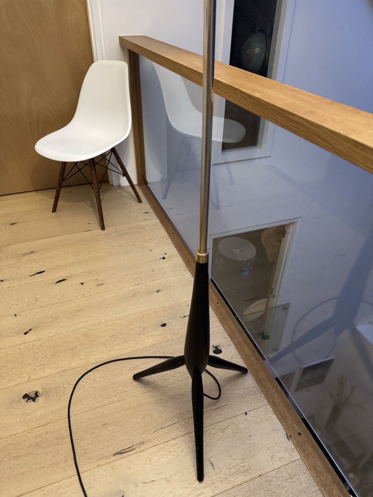 photo buy Very Tall 1950s Brass & Ebonised Wood Tripod Floor Lamp With Shade Vgc