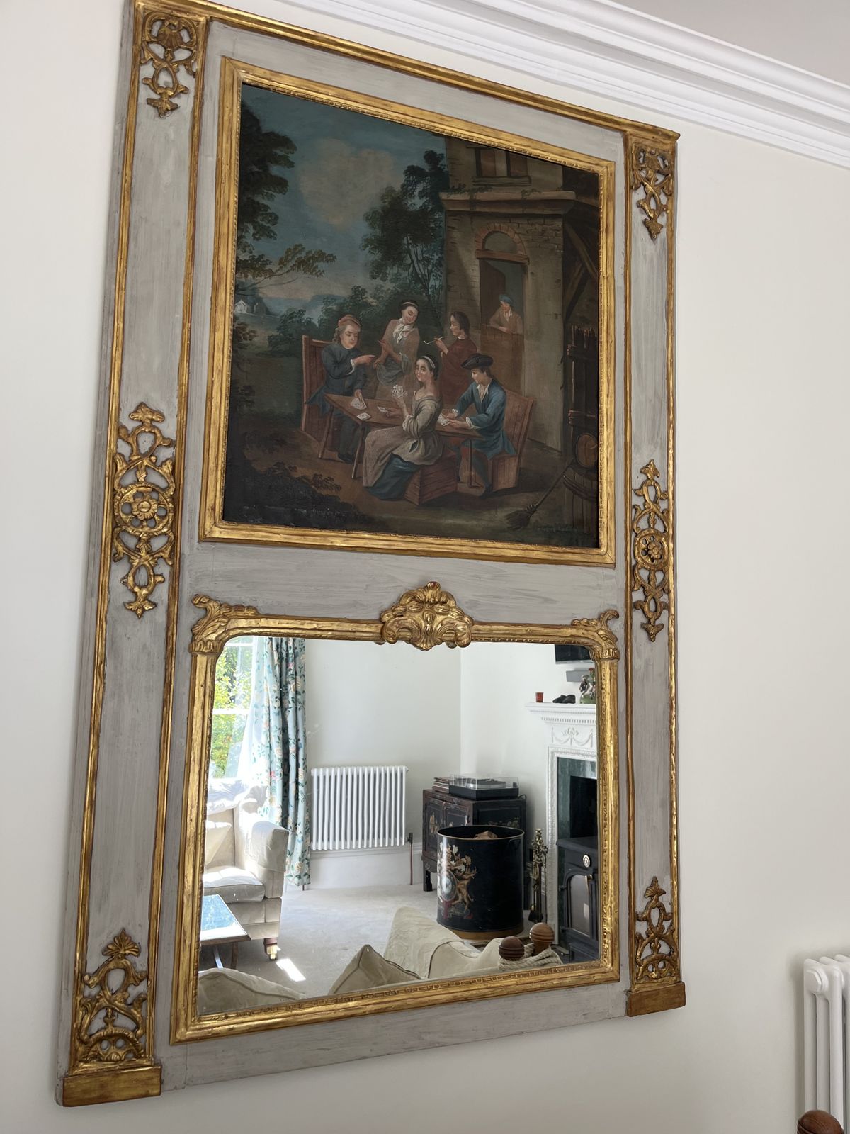 Pair Exquisite Large Trumeau Grey And Gilt Wall Mirrors With Oil Paintings Of Pastoral Scenes