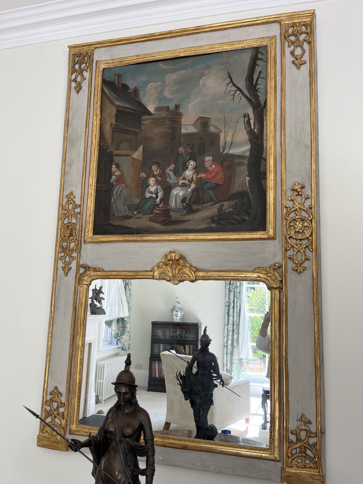Pair Exquisite Large Trumeau Grey And Gilt Wall Mirrors With Oil Paintings Of Pastoral Scenes photo furniture