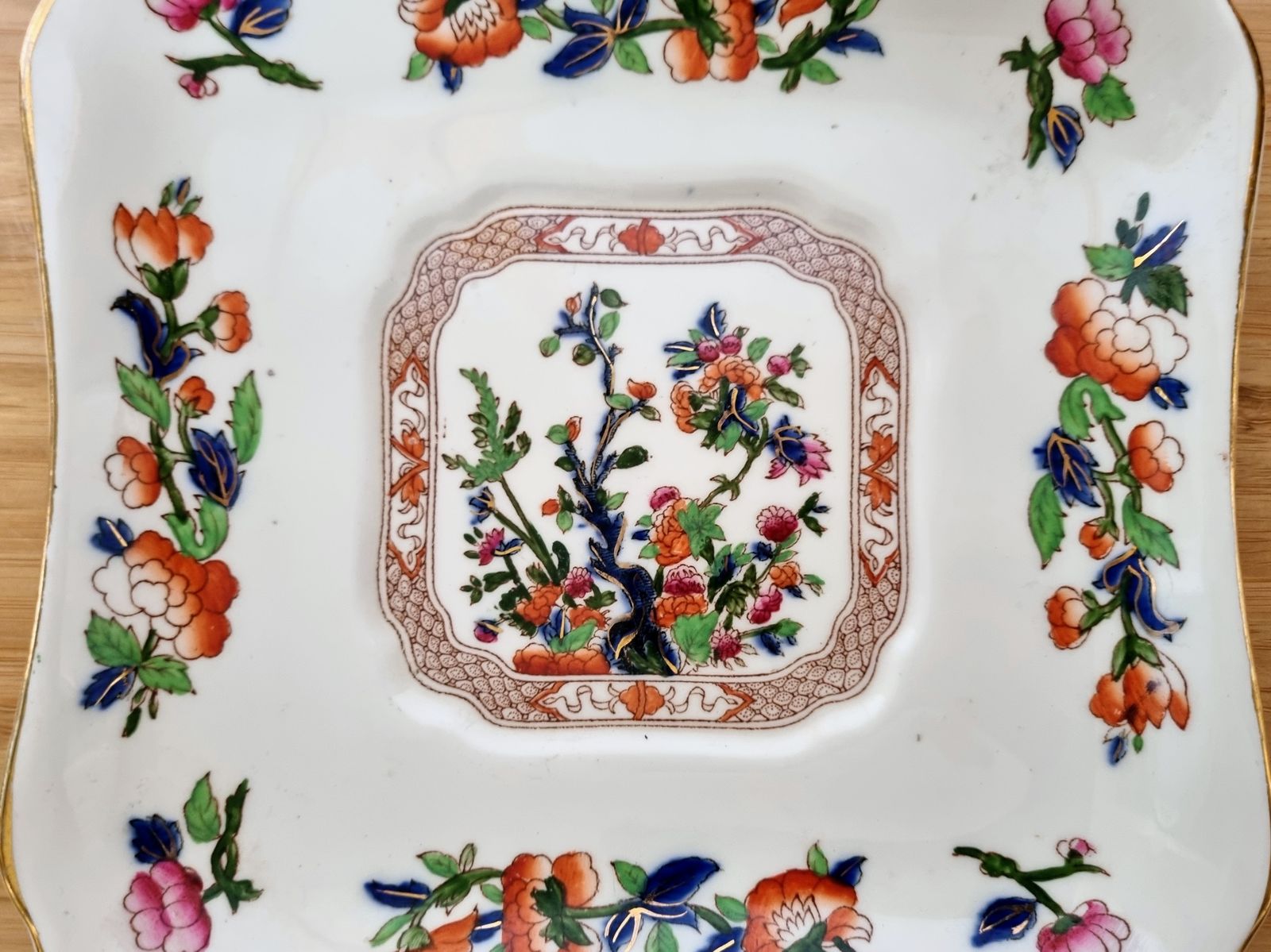 photo for sale Indian Tree Dish, Hancock & Sons England, Opaque China, Square Scalloped, Gilt Trim, Victorian 1800s