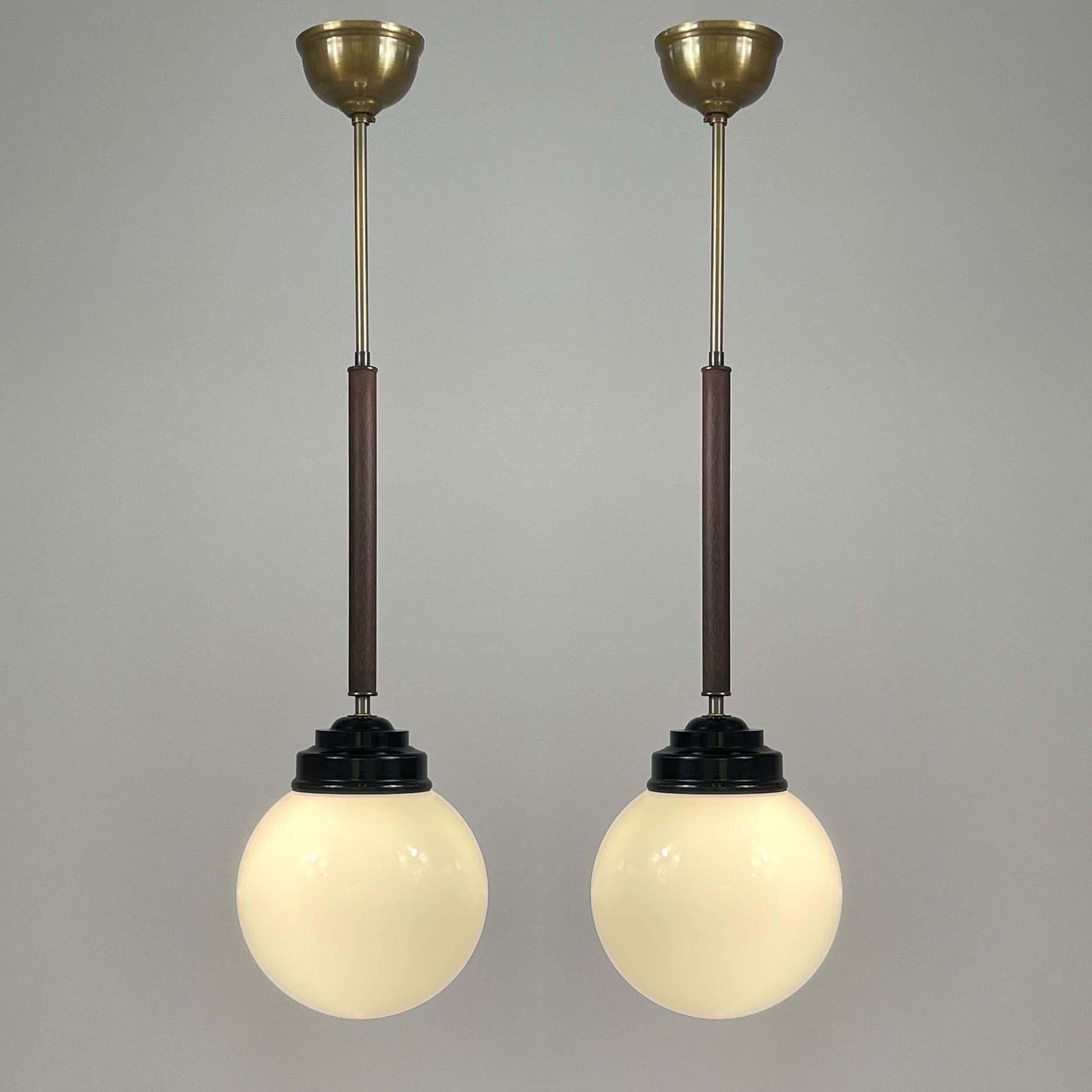 photo buy Pair Opaline Glass, Bakelite & Wood Pendants By Sieverts Kabelverk, Sweden 1940s