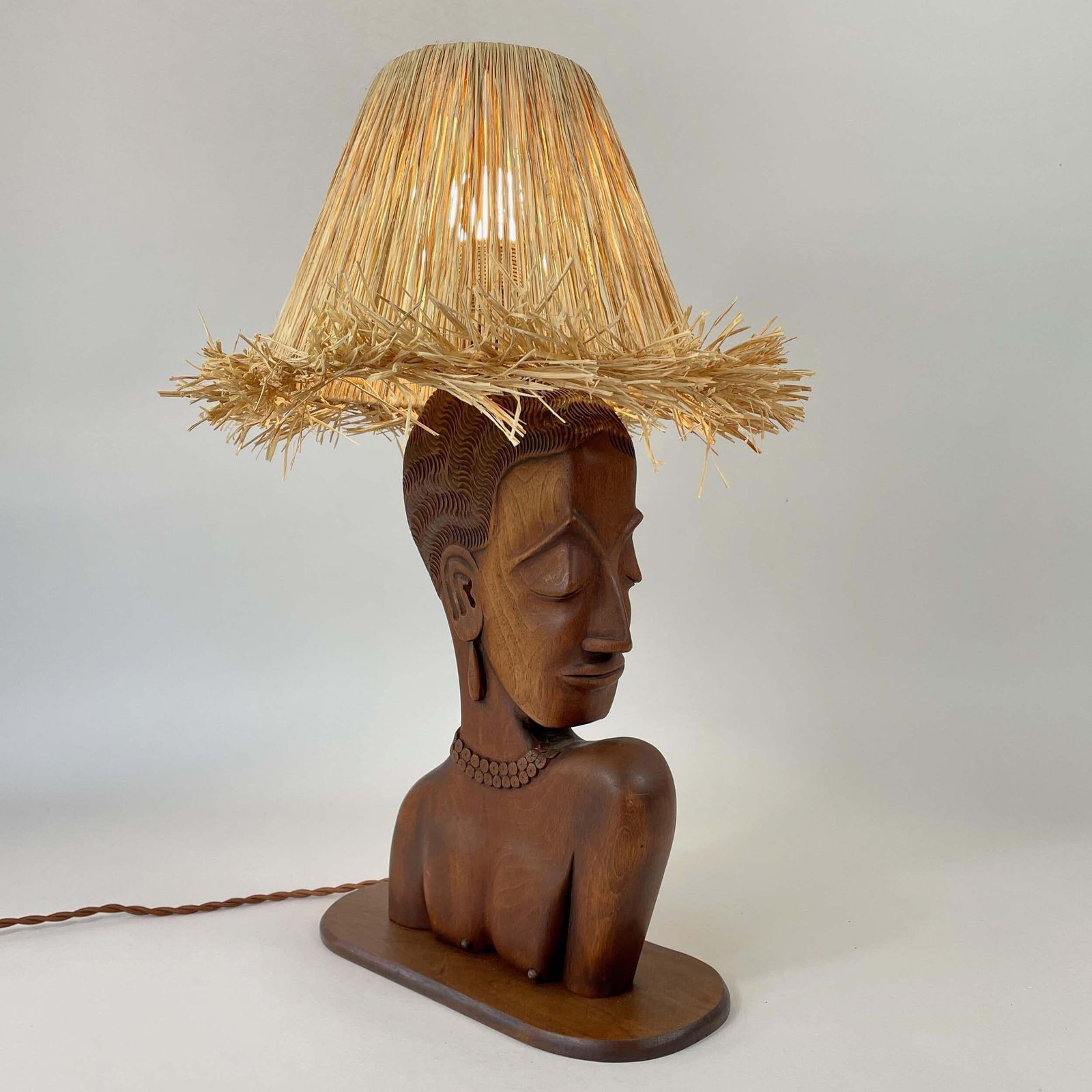 Teak Female Bust Table Lamp With Raffia Shade, France 1950s photo Lighting