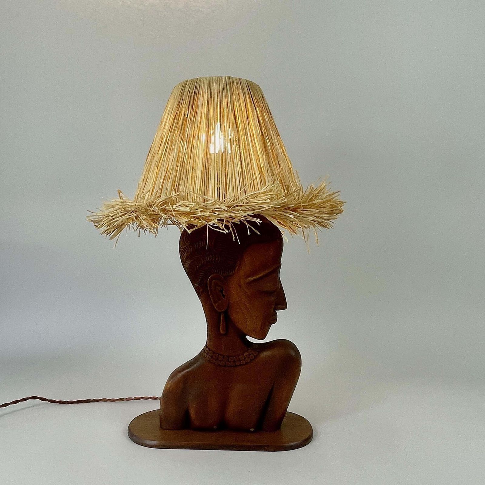 Teak Female Bust Table Lamp With Raffia Shade, France 1950s photo buy