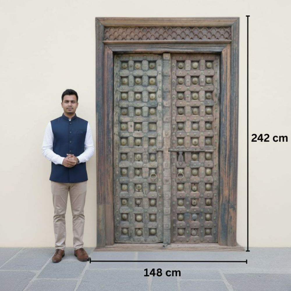 Antique Early 1900s Shekhawati Teak Wood Door With Brass Studs – Hand Carved Royal Indian Haveli Entrance photo furniture