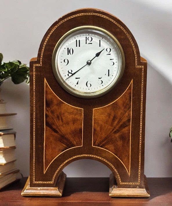Art Nouveau Inlaid Mantle Clock. Ticking Away Nicely. With Key photo furniture