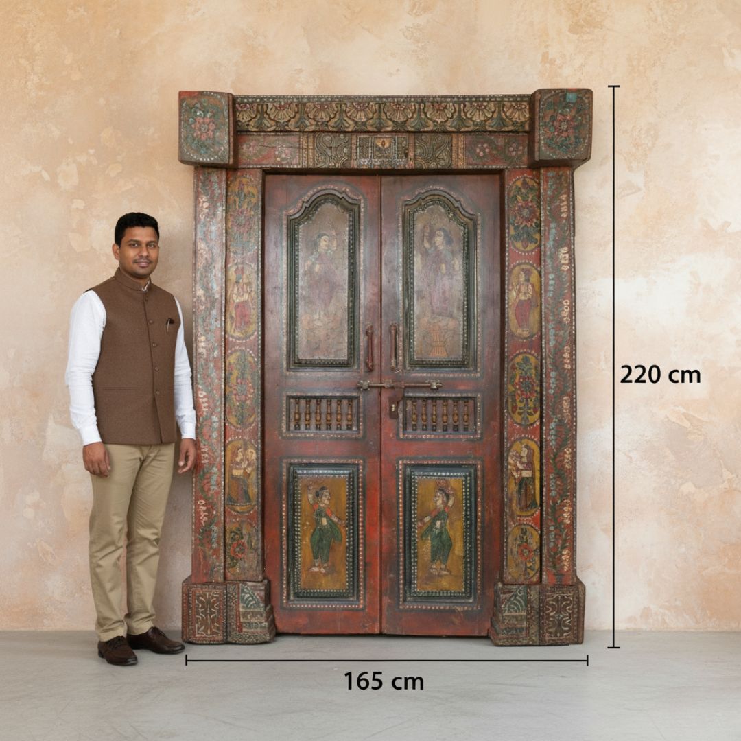 Antique 18th Century Rajasthani Painted Door With Frame – Miniature Artwork, Lotus Carvings & Iron Bolt photo for sale