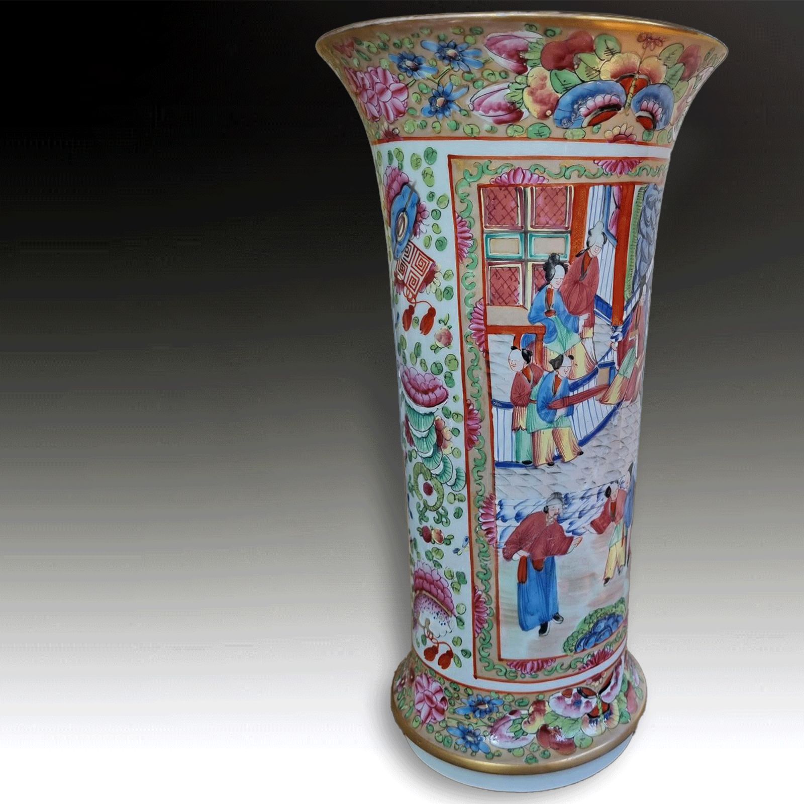 Antique Chinese  V. Large "Rose Mandarin" Trumpet Vase Circa 1830 33cm  H (13 ") photo 375.0
