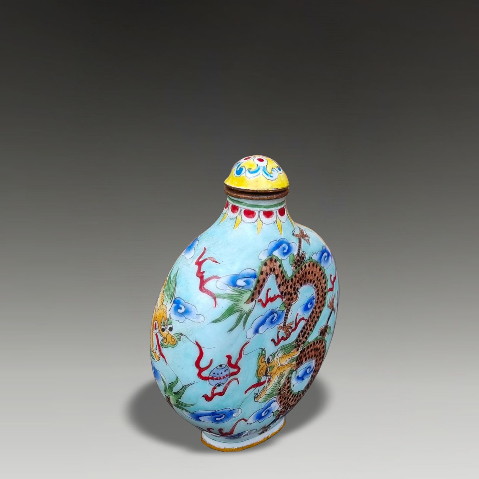 Chinese Mark & Period Qianlong Canton Enamel Snuff Bottle Dual Dragons 8cm High photo for sale