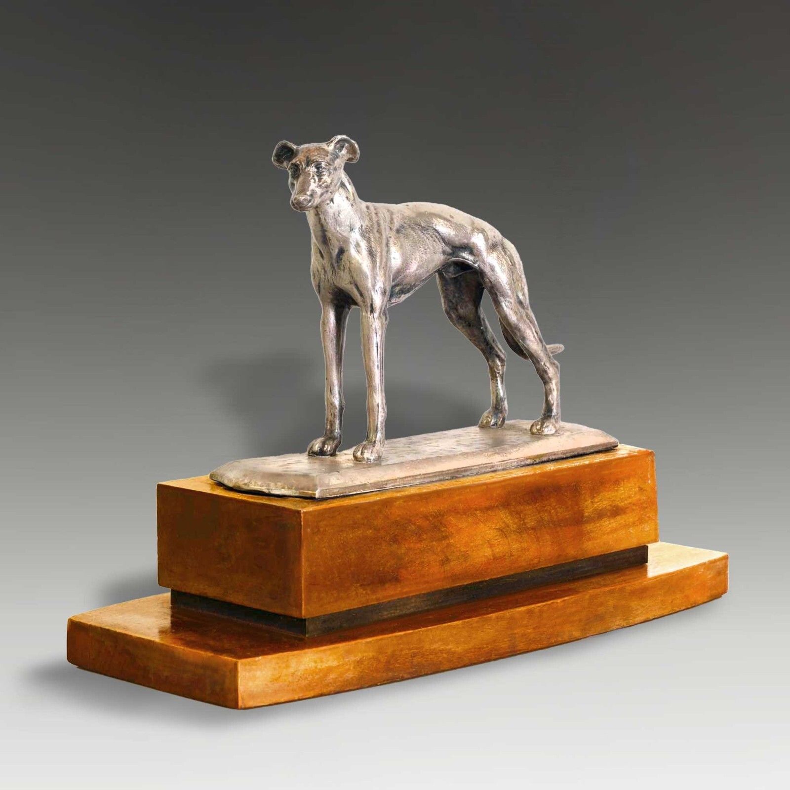 Art Deco Silver Plated Bronze Lge Greyhound On Ebony & Thuya Wood Base  31cm L photo for sale